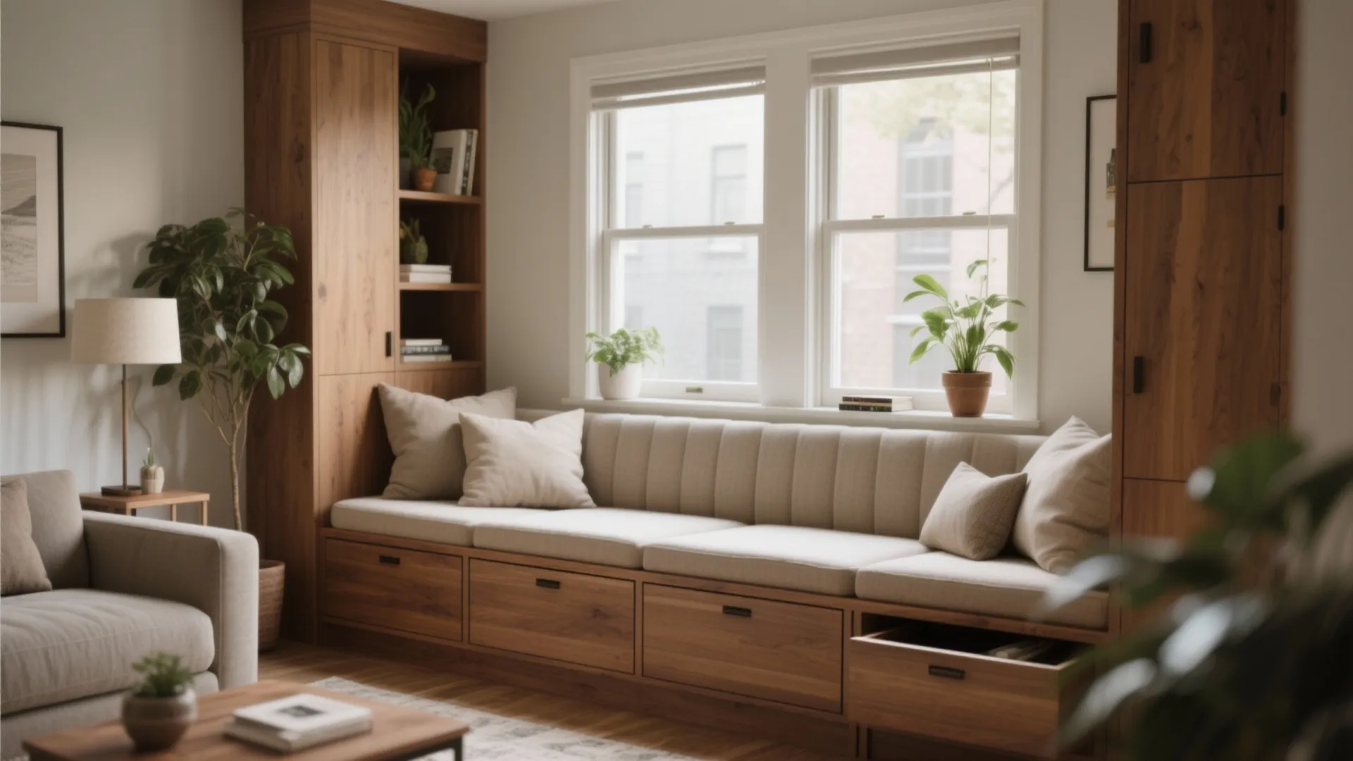 Modern wooden built-in bench sofa under large windows with decorative pillows and green potted plants