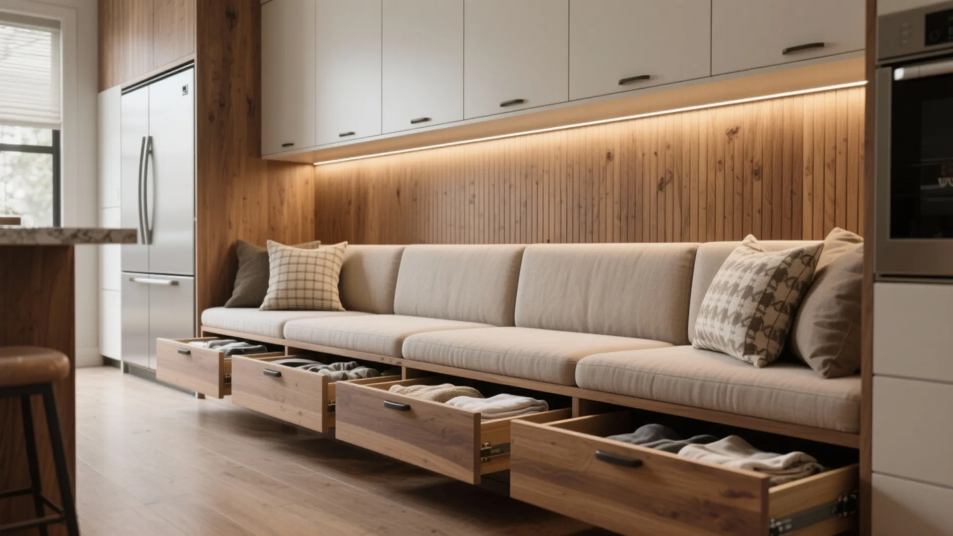Built-in bench seating with storage drawers and cushions along a small kitchen wall.