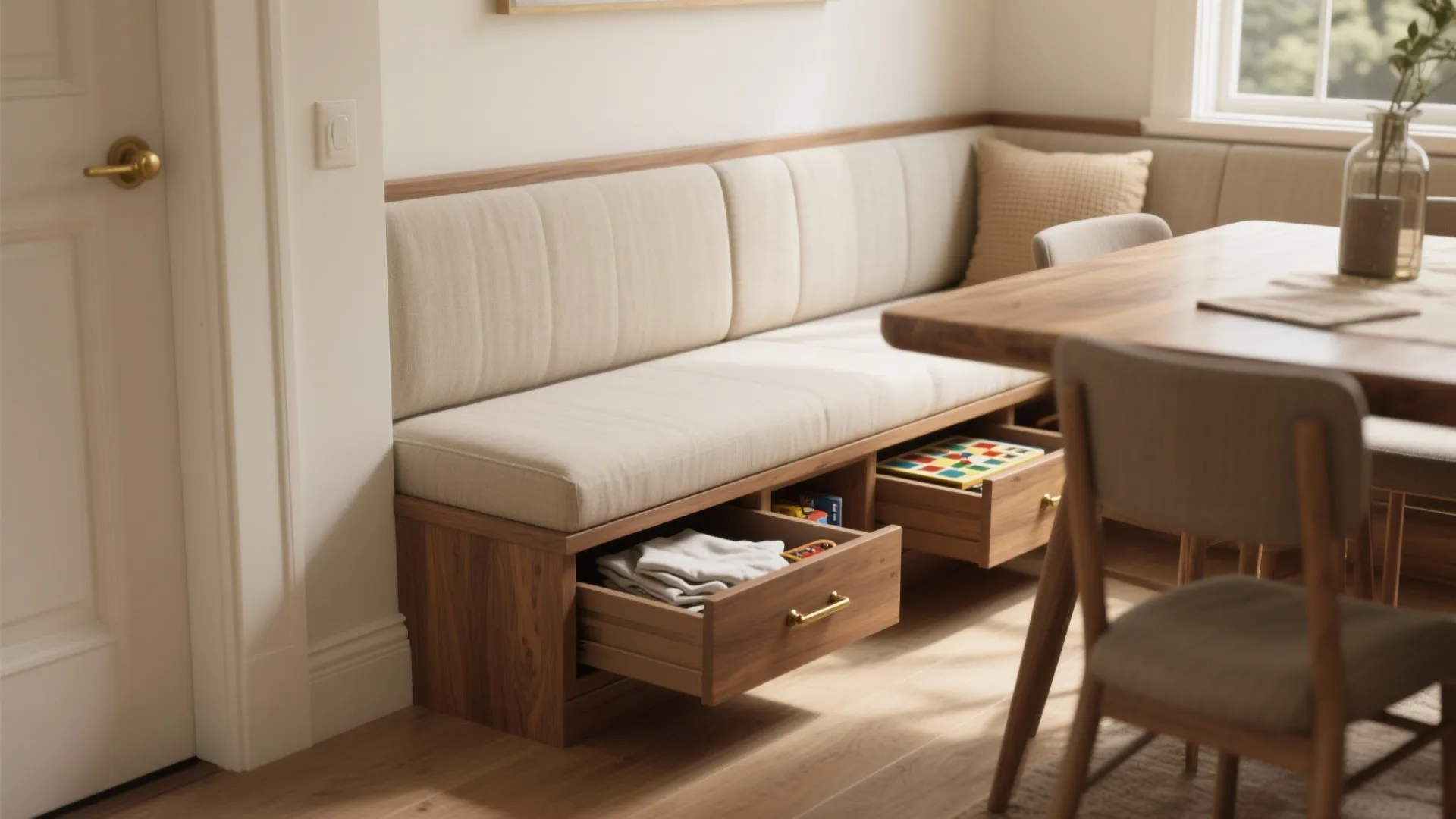 Built-in dining bench with cream cushions and open wooden drawers showing hidden storage for extra clothes
