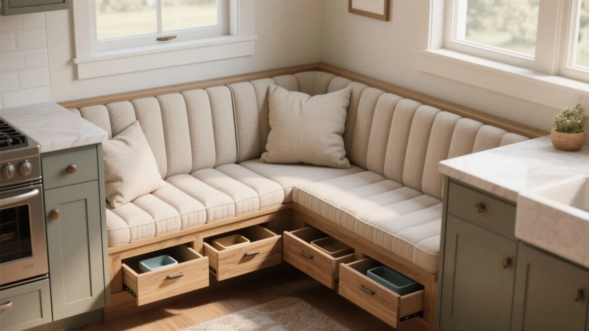 Corner bench seating with soft cushions and open wooden storage drawers in a sunny kitchen