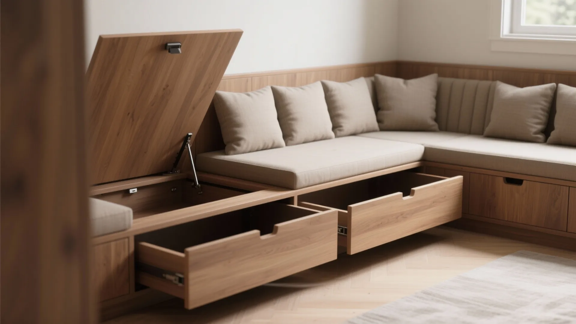 Wooden corner sofa showing open storage lid and pull out drawers with beige seating cushions