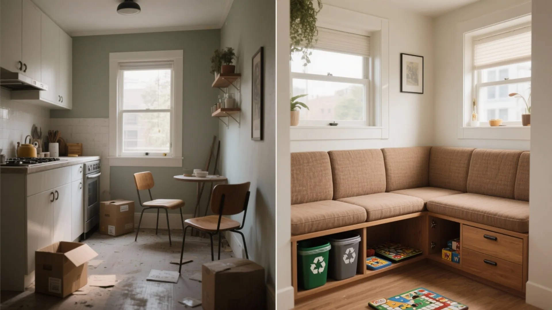 Before and after comparison of a messy kitchen versus a clean built in seating area