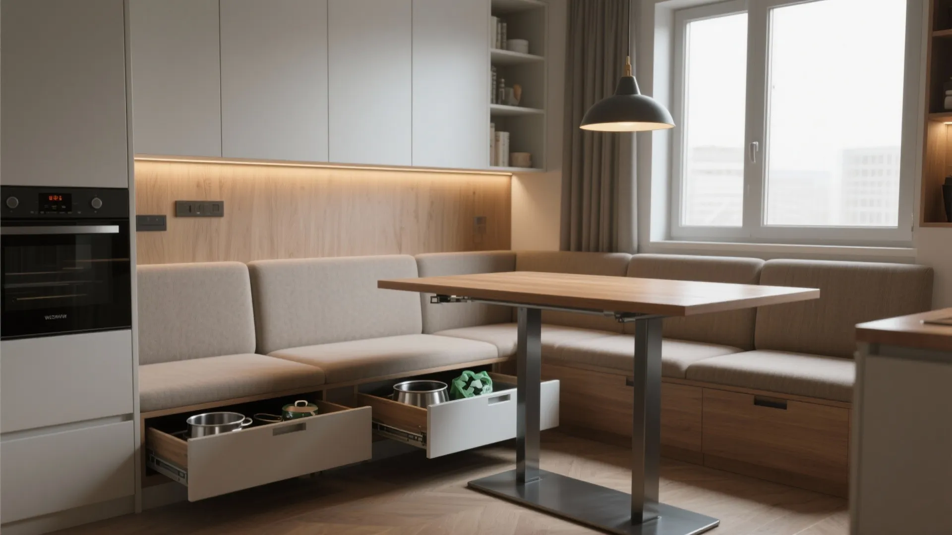 5. Built-in banquette with pull-out table and drawer storage