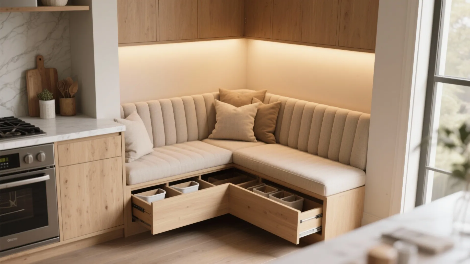 Corner wooden bench seating with beige cushions and open storage drawers in a modern kitchen