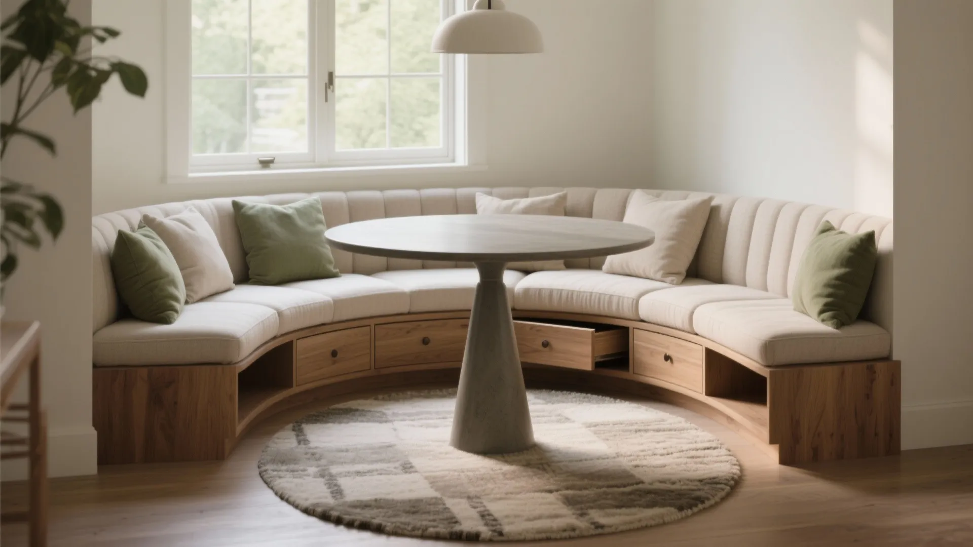 3. Built-in banquette with a round table: cozy + storage