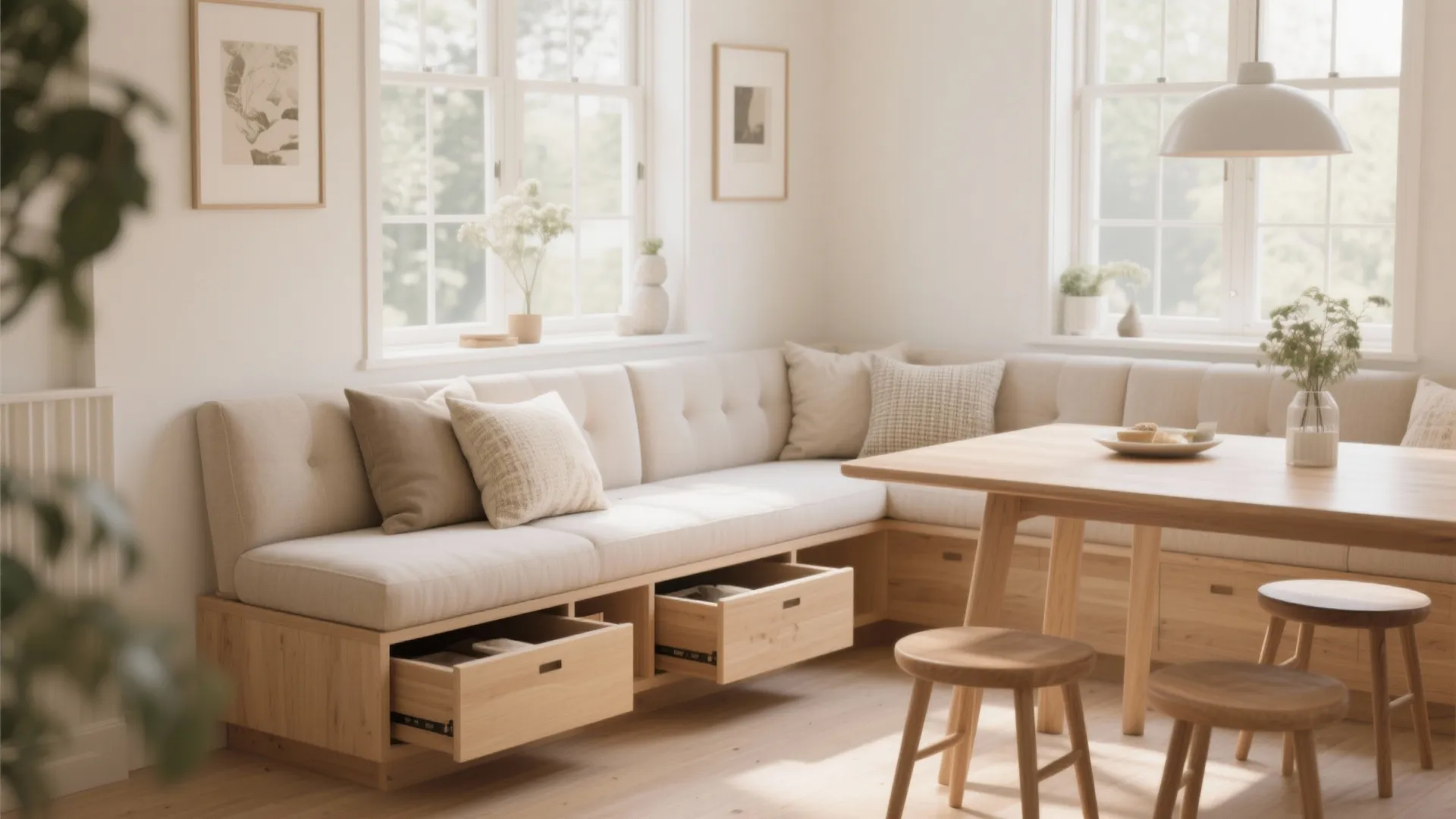 Built in dining bench with open storage drawers and wooden table and stools and windows
