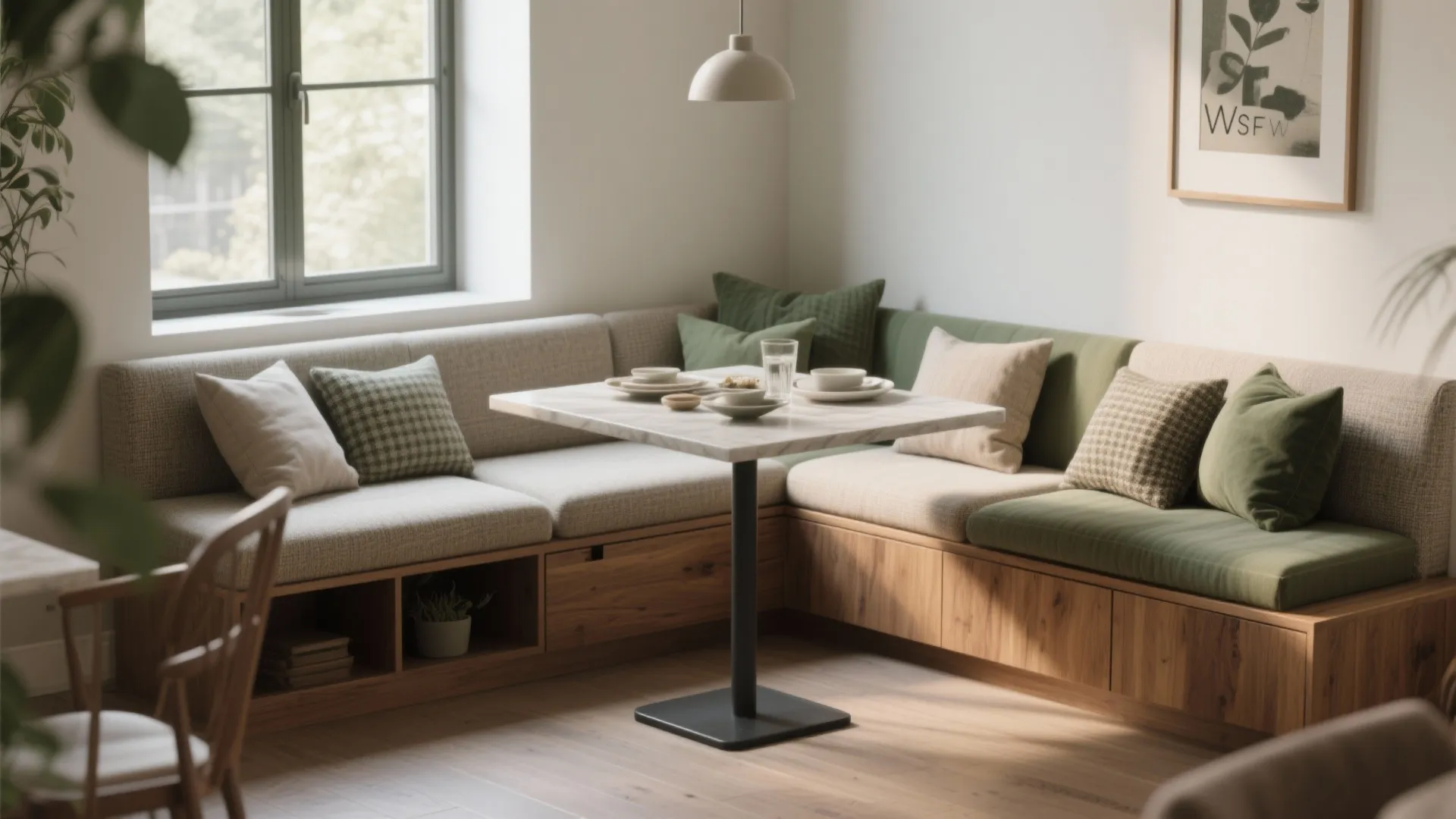 Cozy dining nook with wooden bench seating green cushions a square table and white ceiling light
