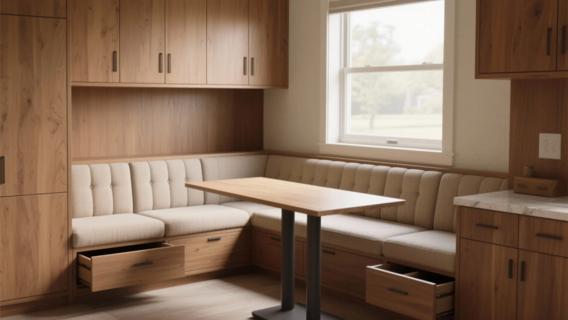 Built in wooden bench with beige cushions storage drawers wooden table and matching wall storage cabinets