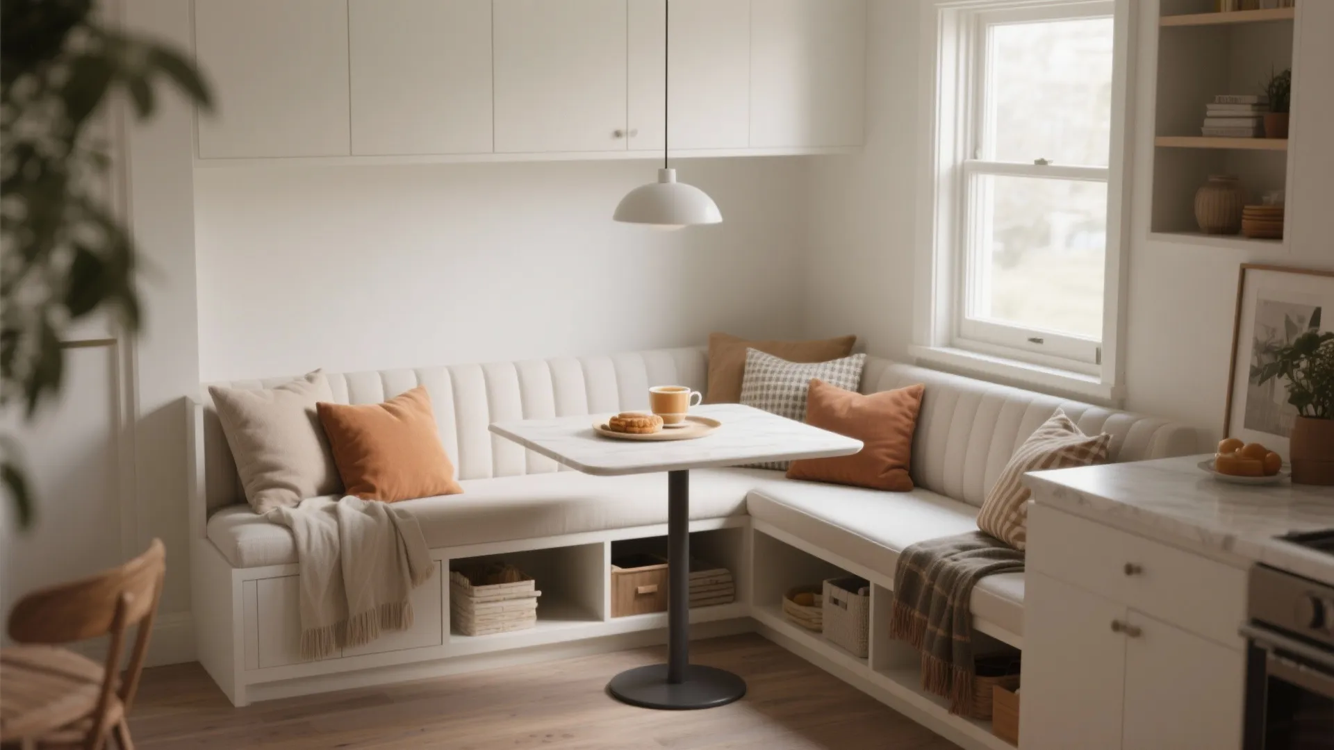5. Built-In White Banquette with Integrated Table