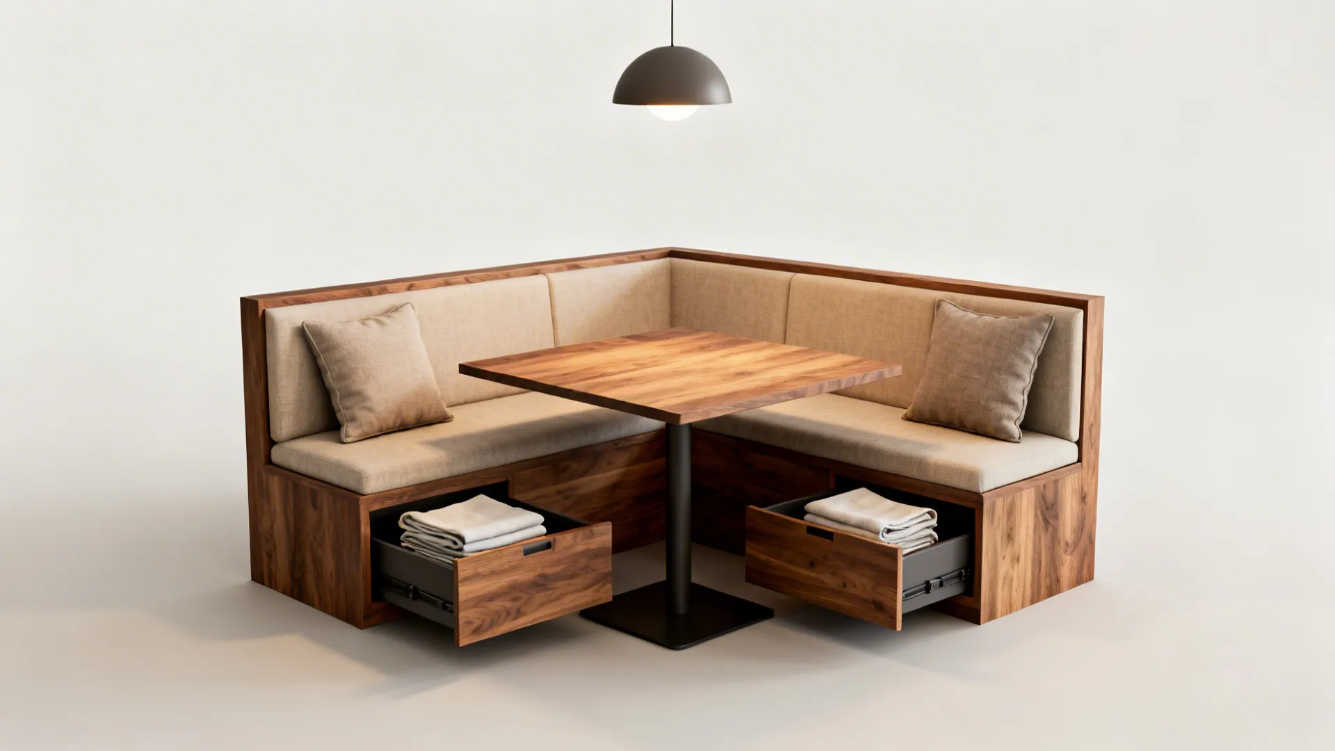 Built-in banquette with under-bench storage and a compact dining table in a cozy nook.