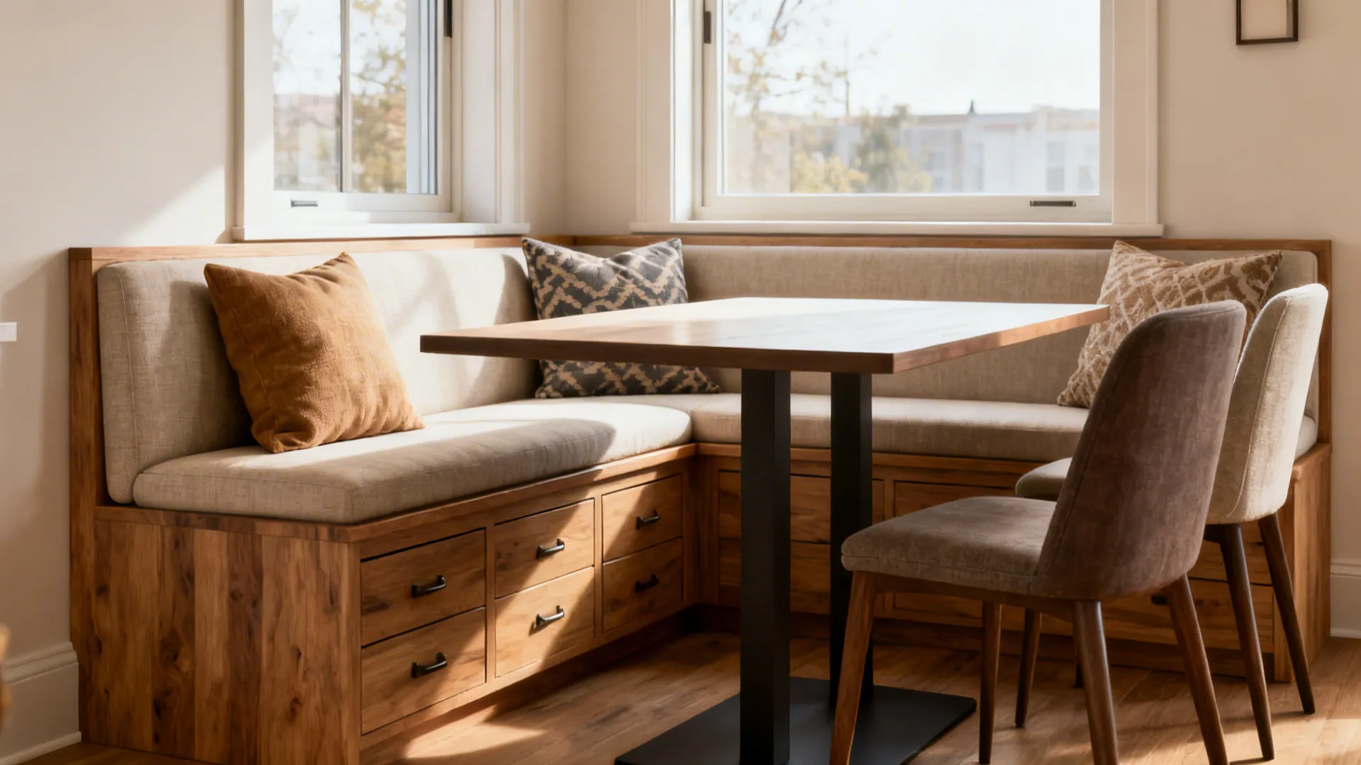 Built-in banquette dining nook with storage and mixed seating under a window in a small home.