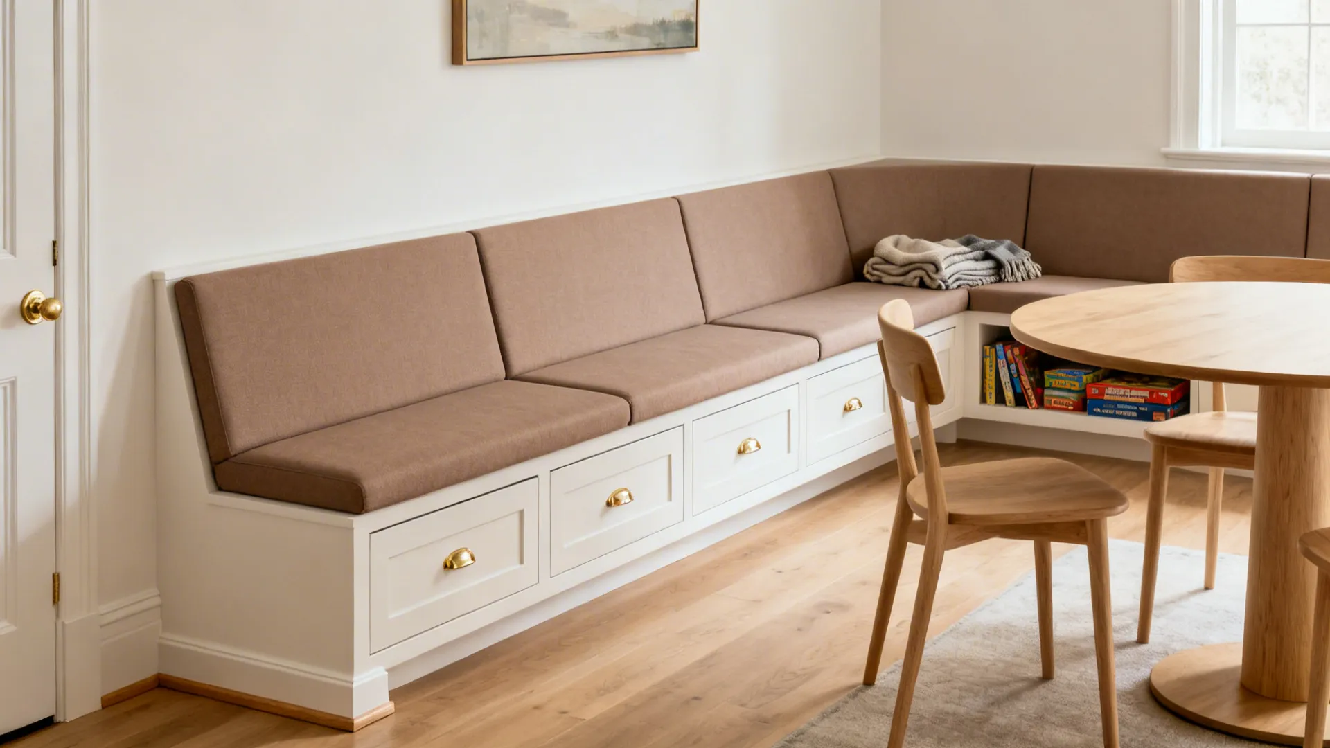 Built-in wall banquette with storage drawers and a round pedestal dining table.