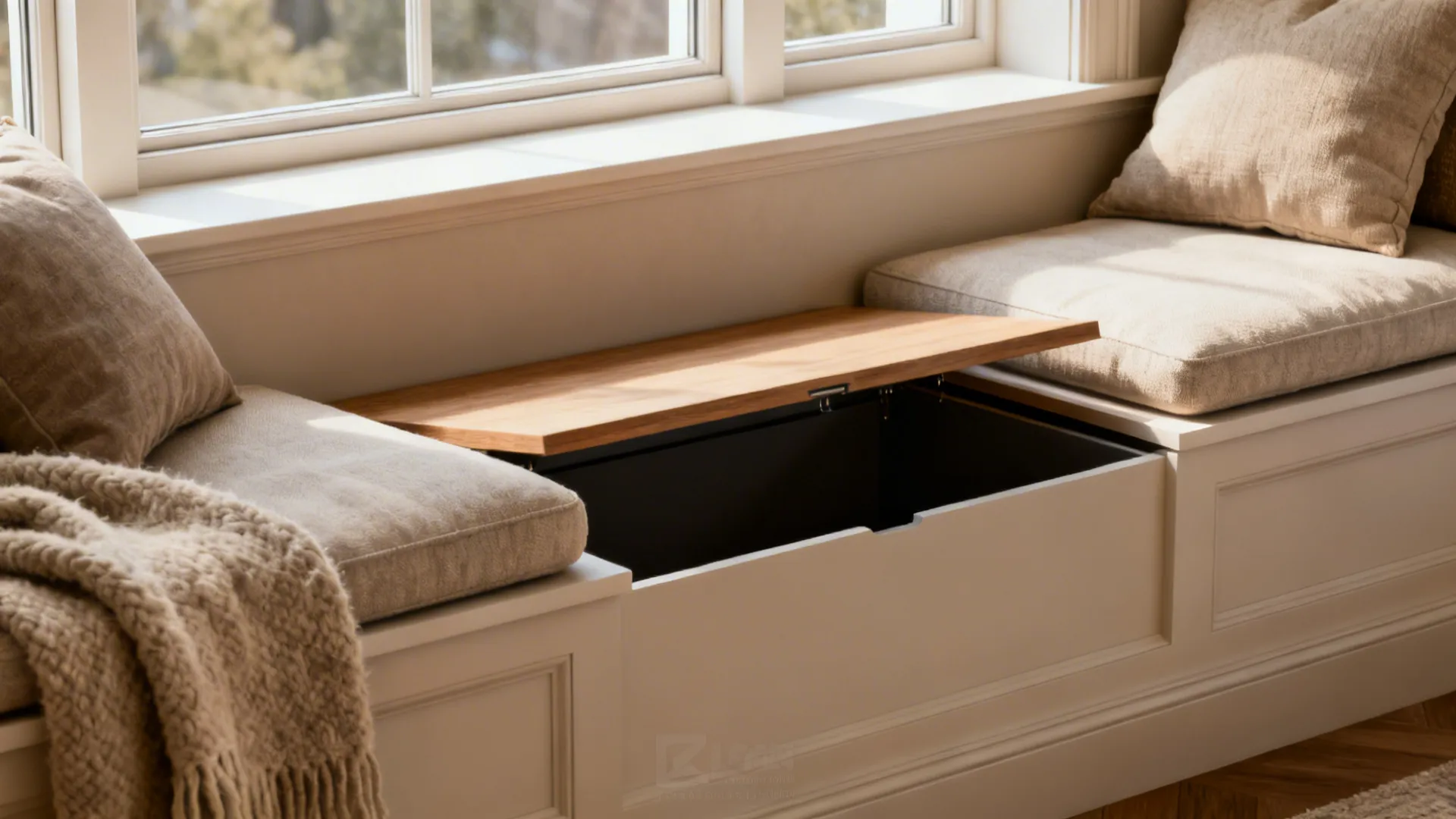 Close-up of a built-in banquette with hidden lift storage and textured cushions