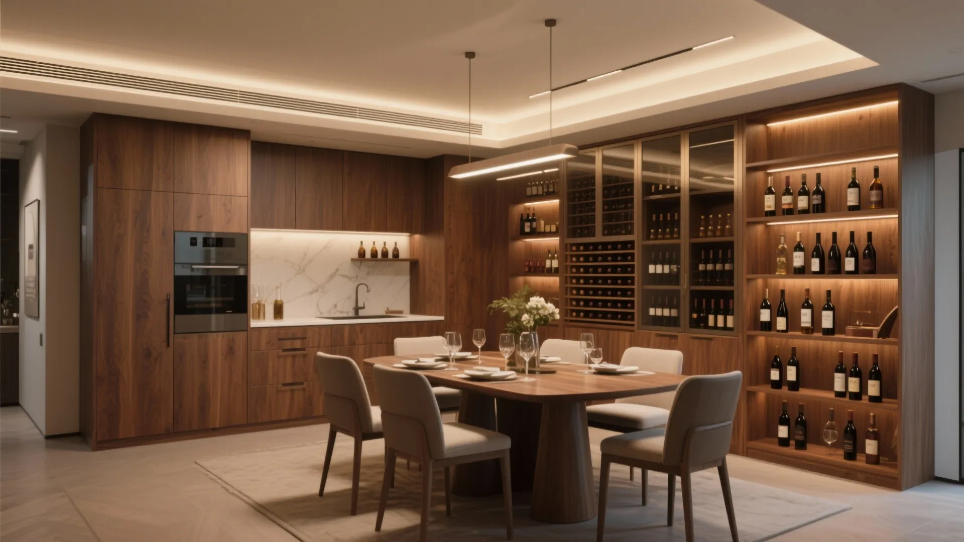 Built-in wood cabinet bar within a modern dining room