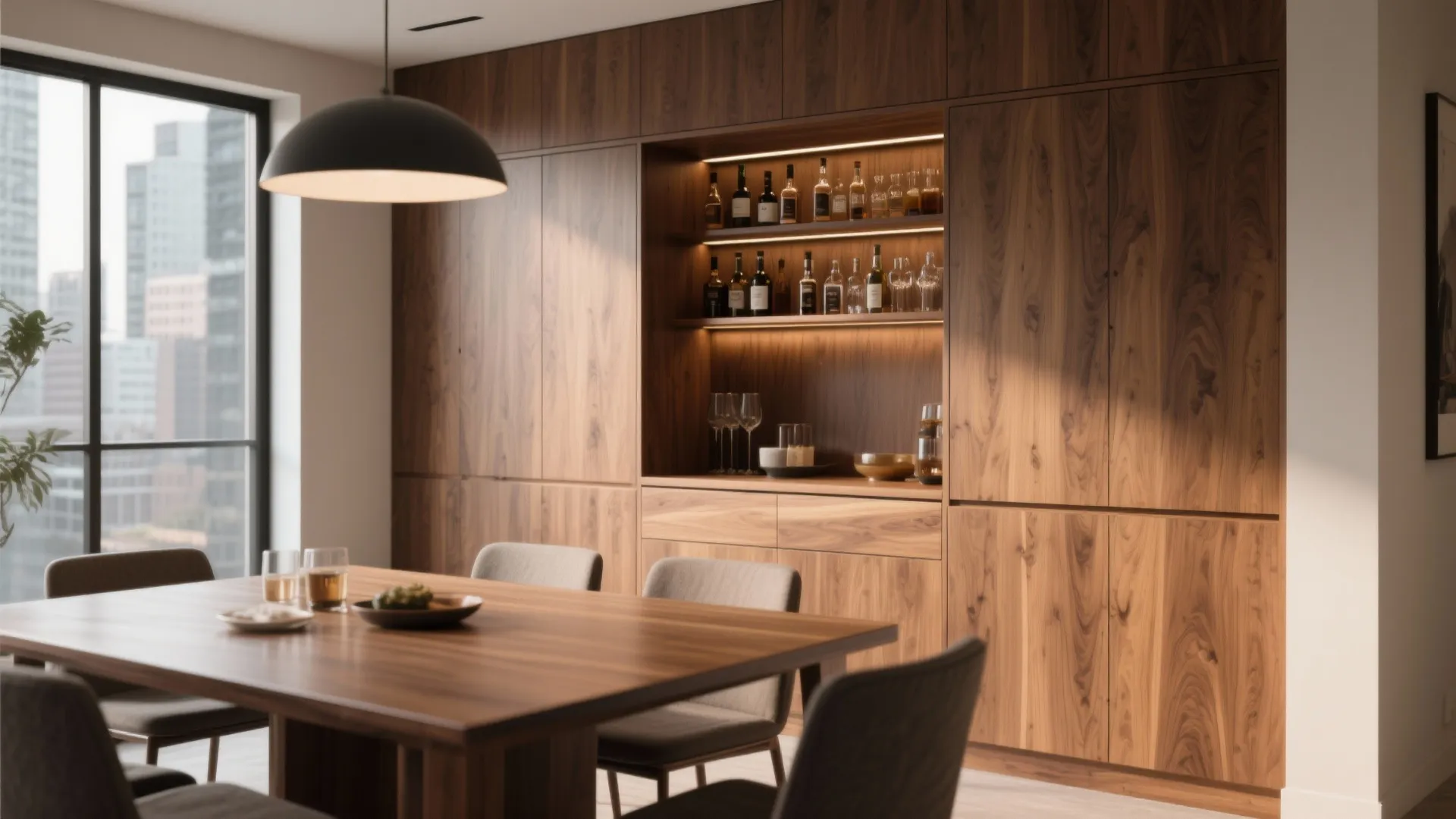Modern dining room featuring built-in wood cabinet with wine bottles plus ceiling light and table