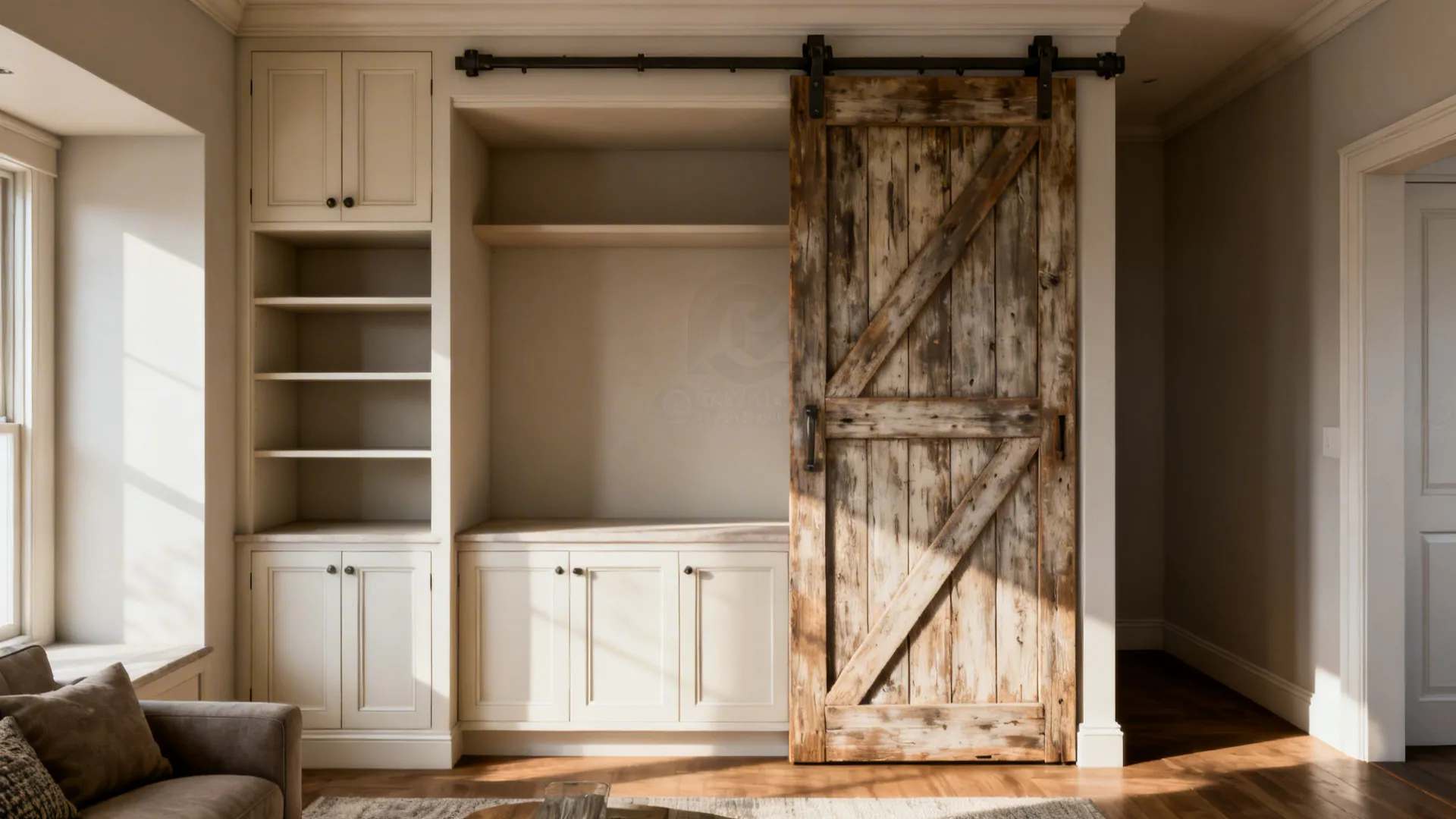 Built-in cabinets with sliding vintage barn doors providing storage in a small living room.