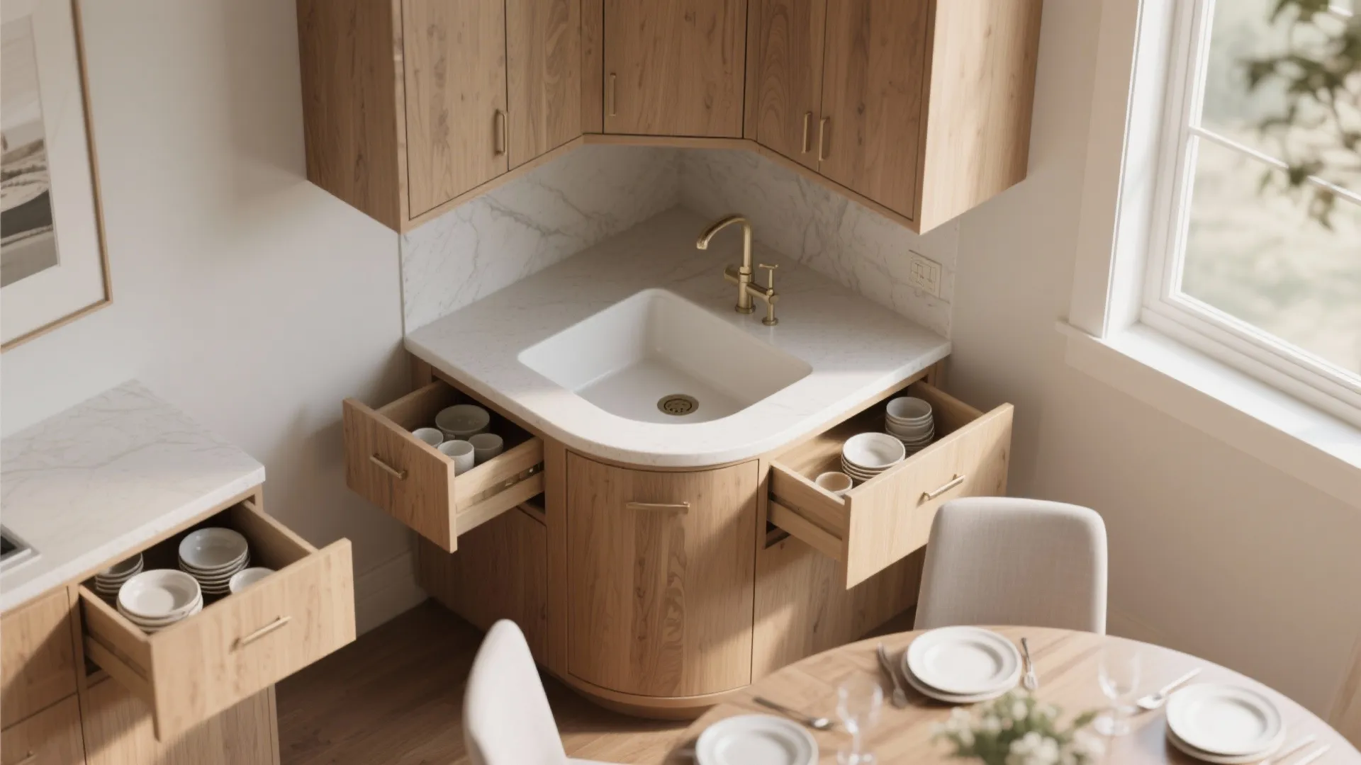 Corner kitchen sink with white counter and open wood drawers showing plates and bowl storage