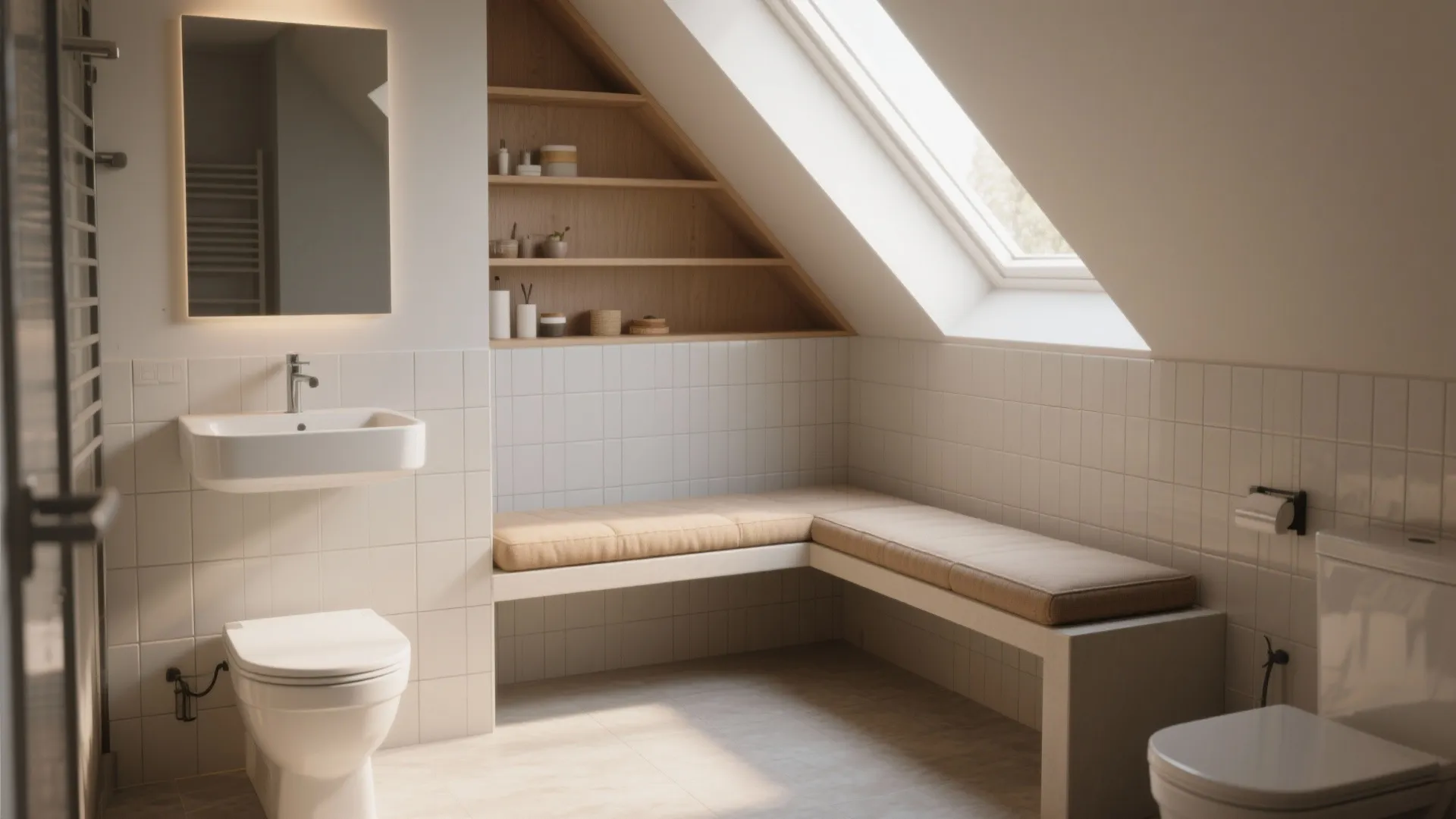 Built-in tiled bench with hidden storage under slanted wall