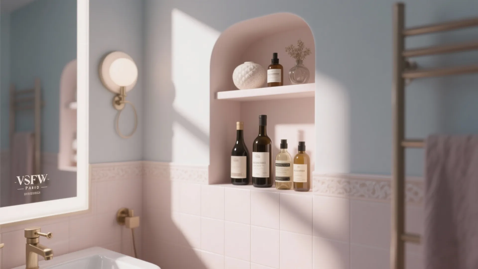Pink tiled bathroom wall featuring a built-in arched shelf holding various bottles and decorative items