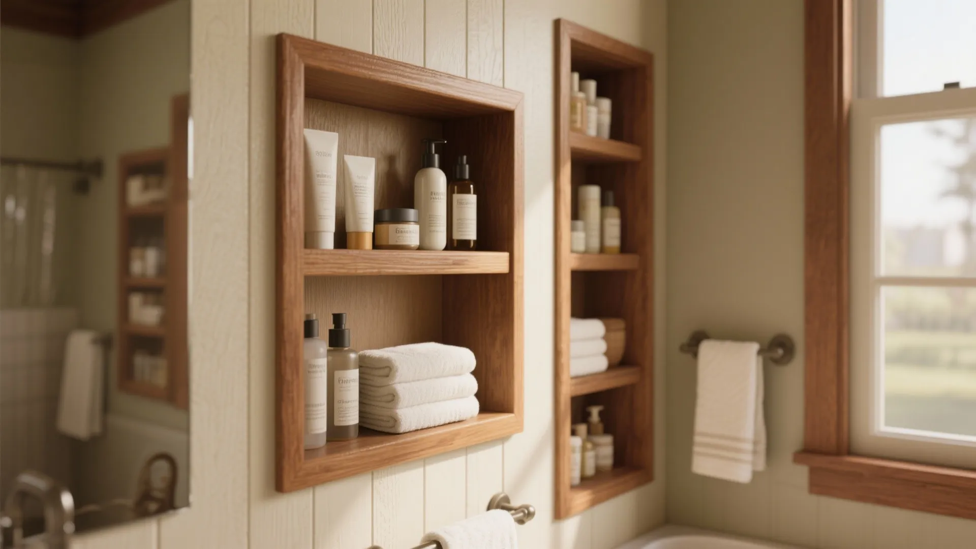 Built in wooden bathroom wall shelves holding white towels soap bottles and personal care products