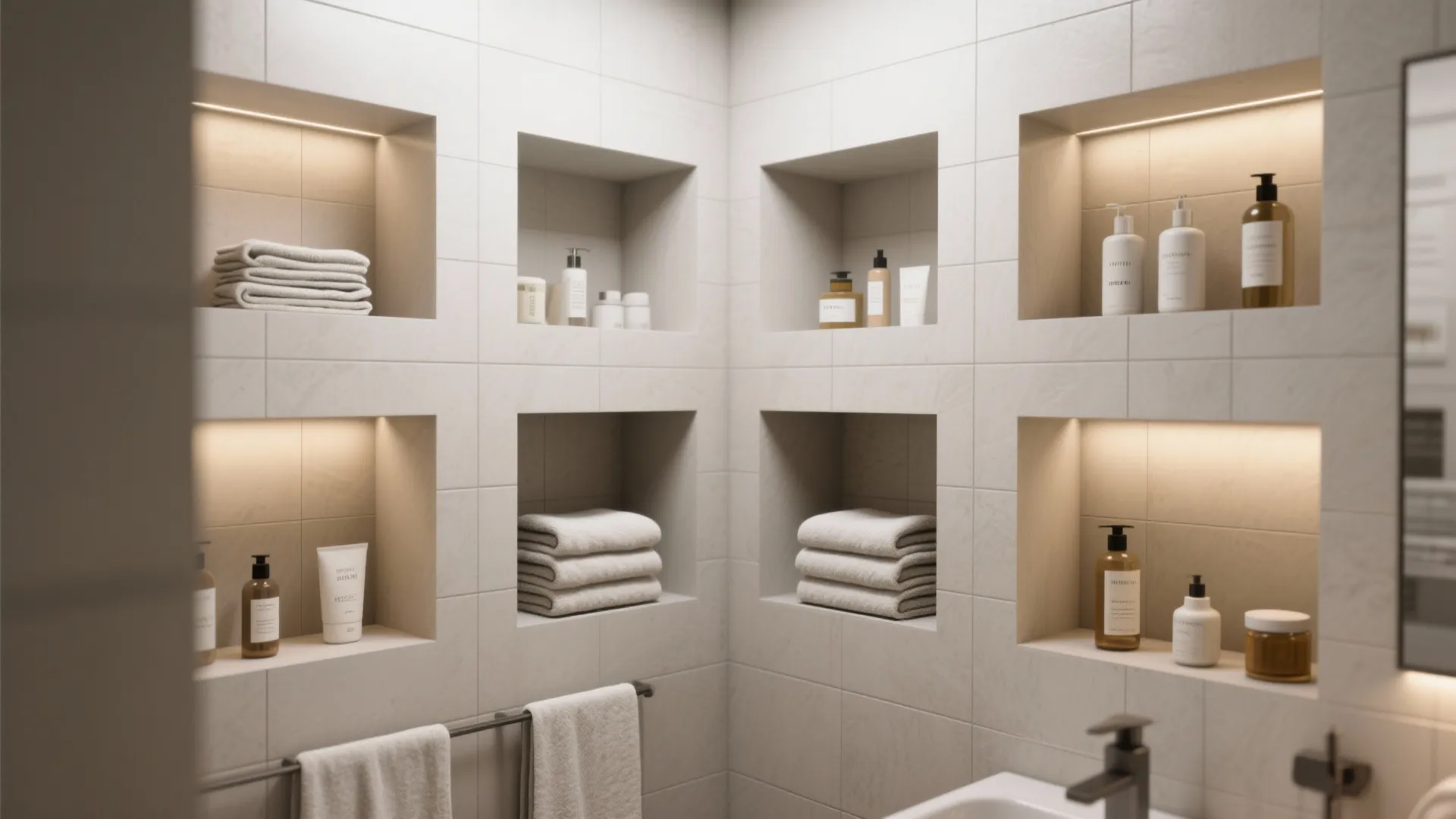 Modern bathroom wall with multiple square recessed storage shelves holding folded towels and small skincare bottles