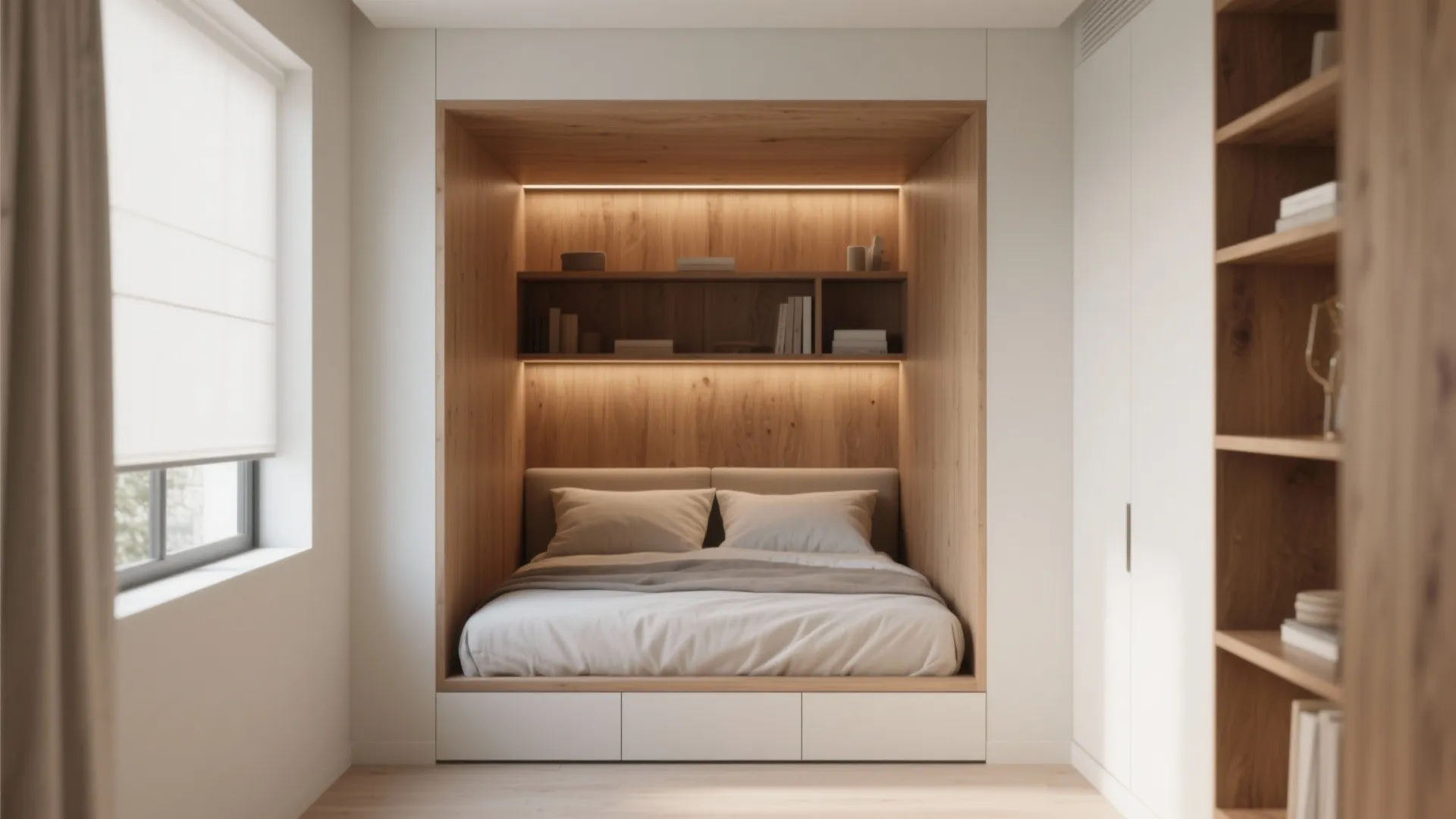 Modern bedroom with bed inside a wooden wall nook featuring built-in shelves and warm lighting