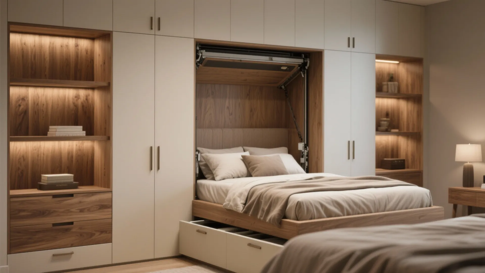 Built-in wall bed inside a white cabinet system with wooden shelves and soft warm lighting