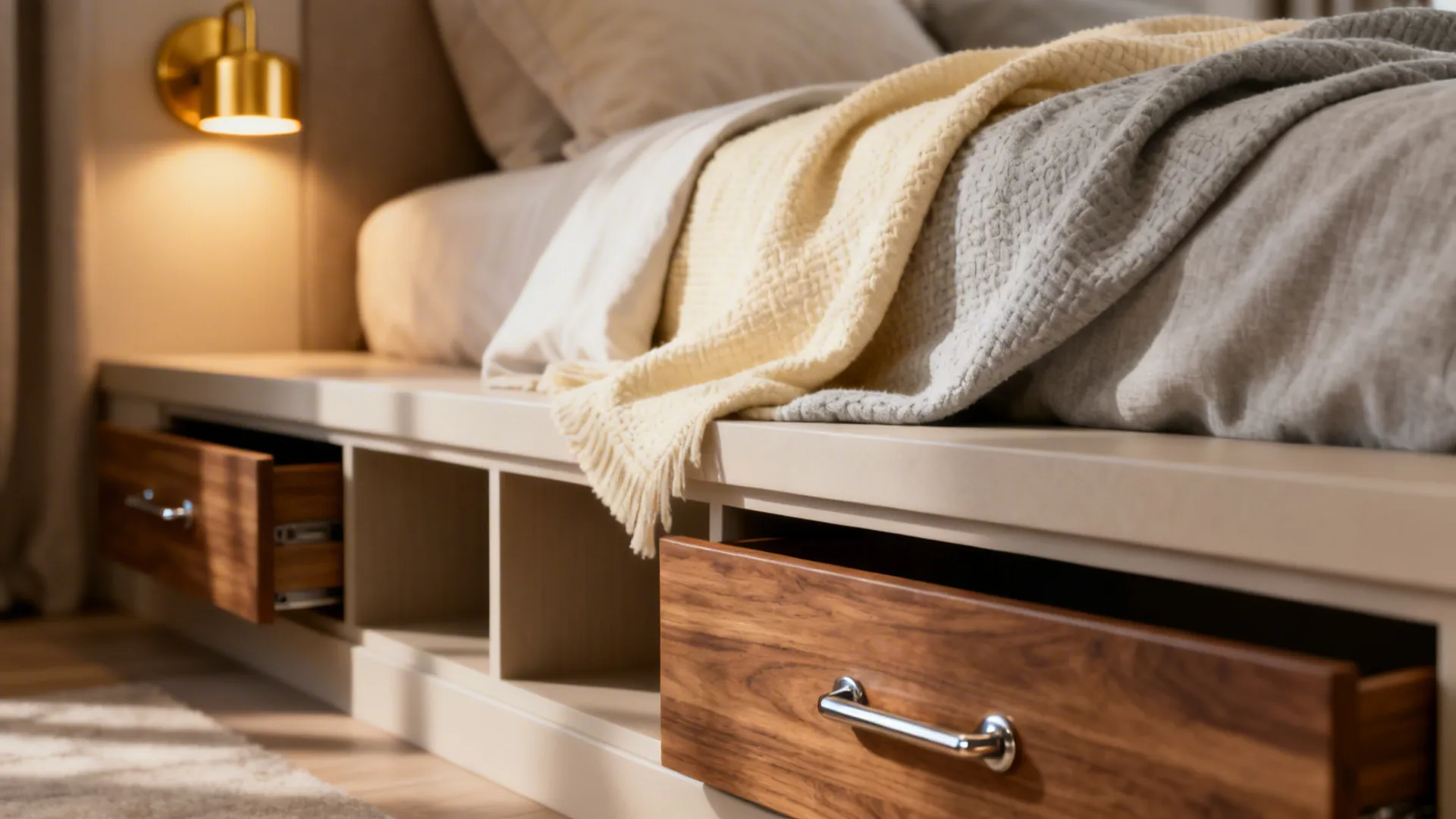 Close-up of built-in bed drawers and shelving with warm wood and neutral linens