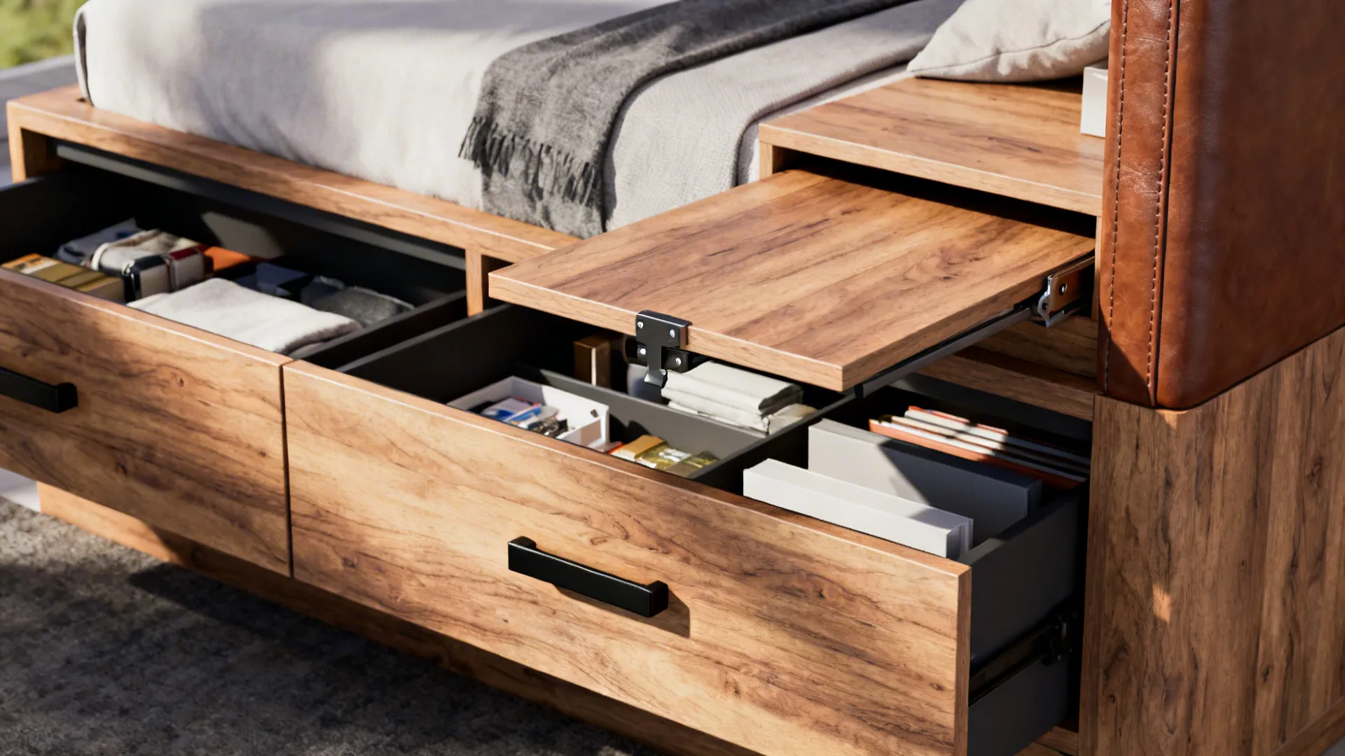 Close-up of built-in platform bed drawers and fold-out desk in a small bedroom