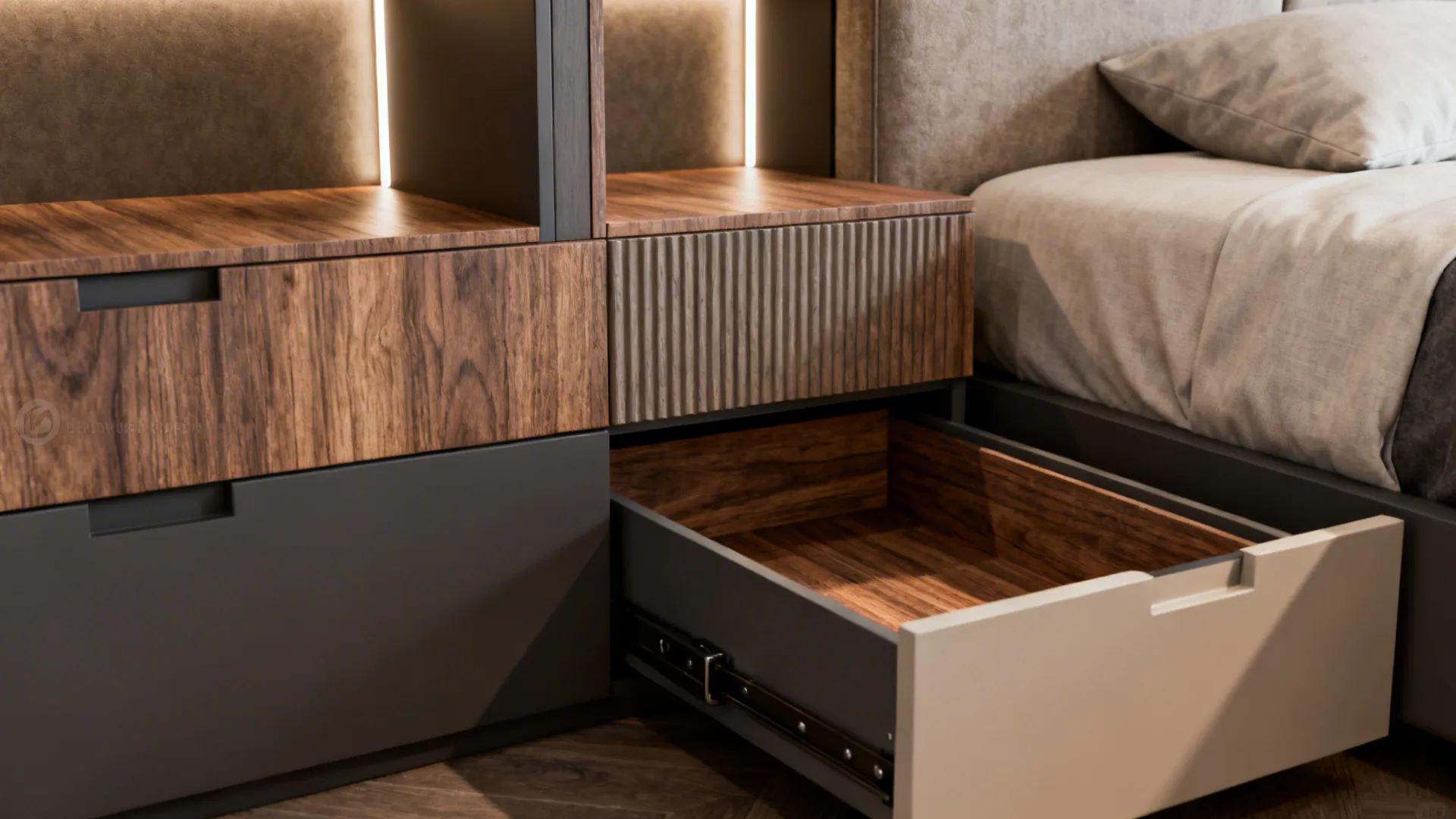 Close-up of built-in bed storage: pull-out drawers and headboard niches with integrated lighting
