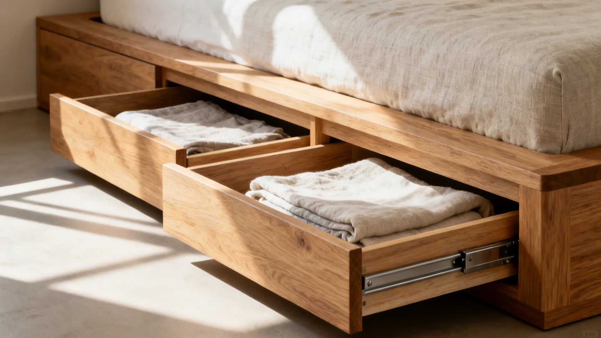Wooden bed frame with two open storage drawers containing folded clothes under bright natural sunlight