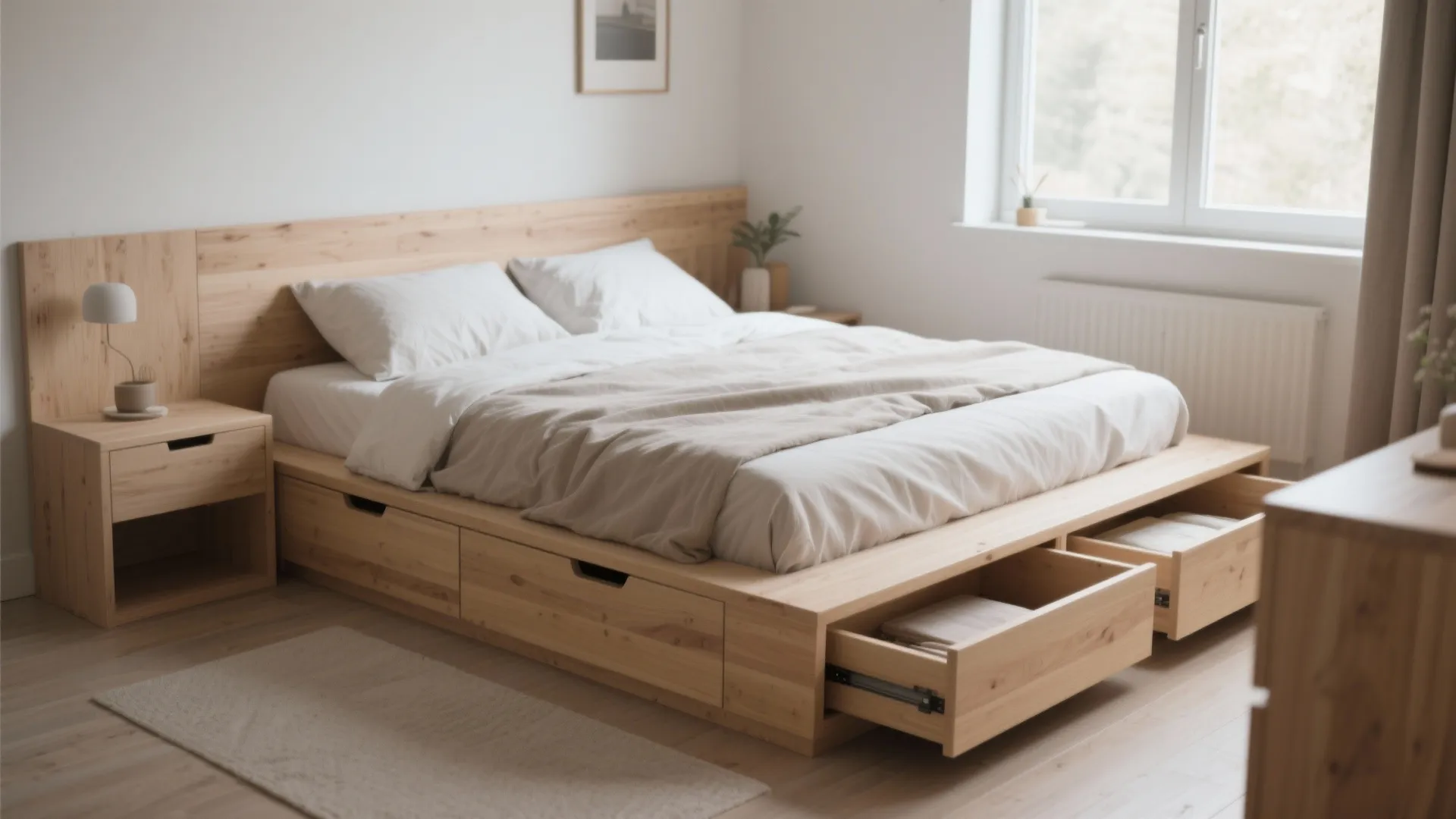 Light wood bed frame featuring open storage drawers for clothes in a bright modern minimalist bedroom