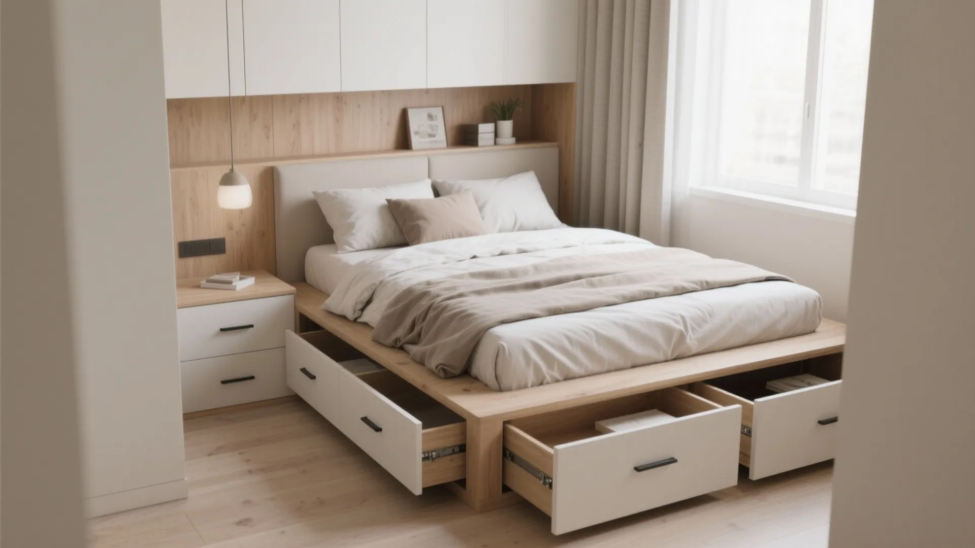 Modern wooden bed frame with open storage drawers underneath standing next to a white cabinet