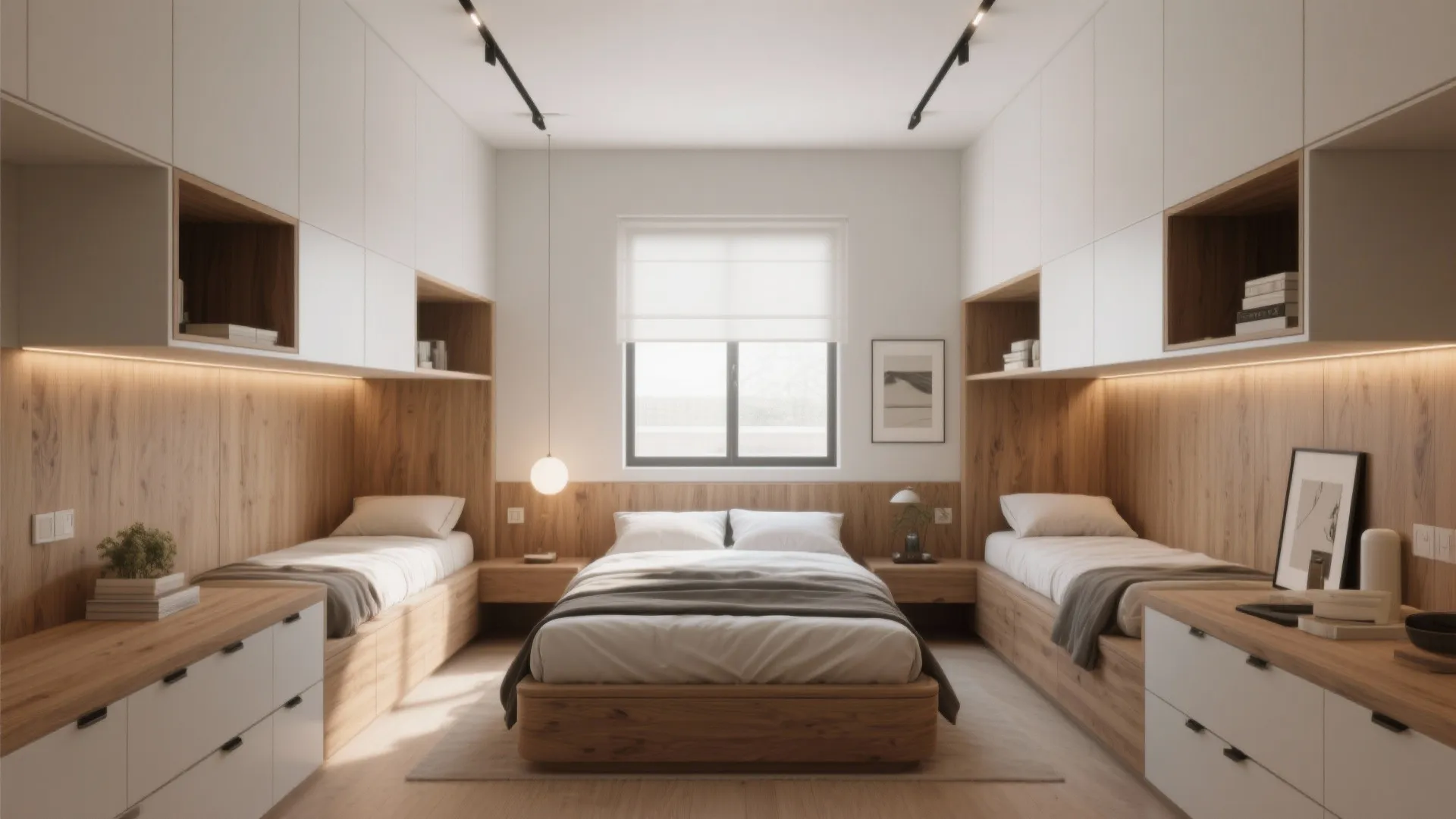 Symmetrical bedroom layout featuring three beds wooden cabinets white storage wall units and track lighting