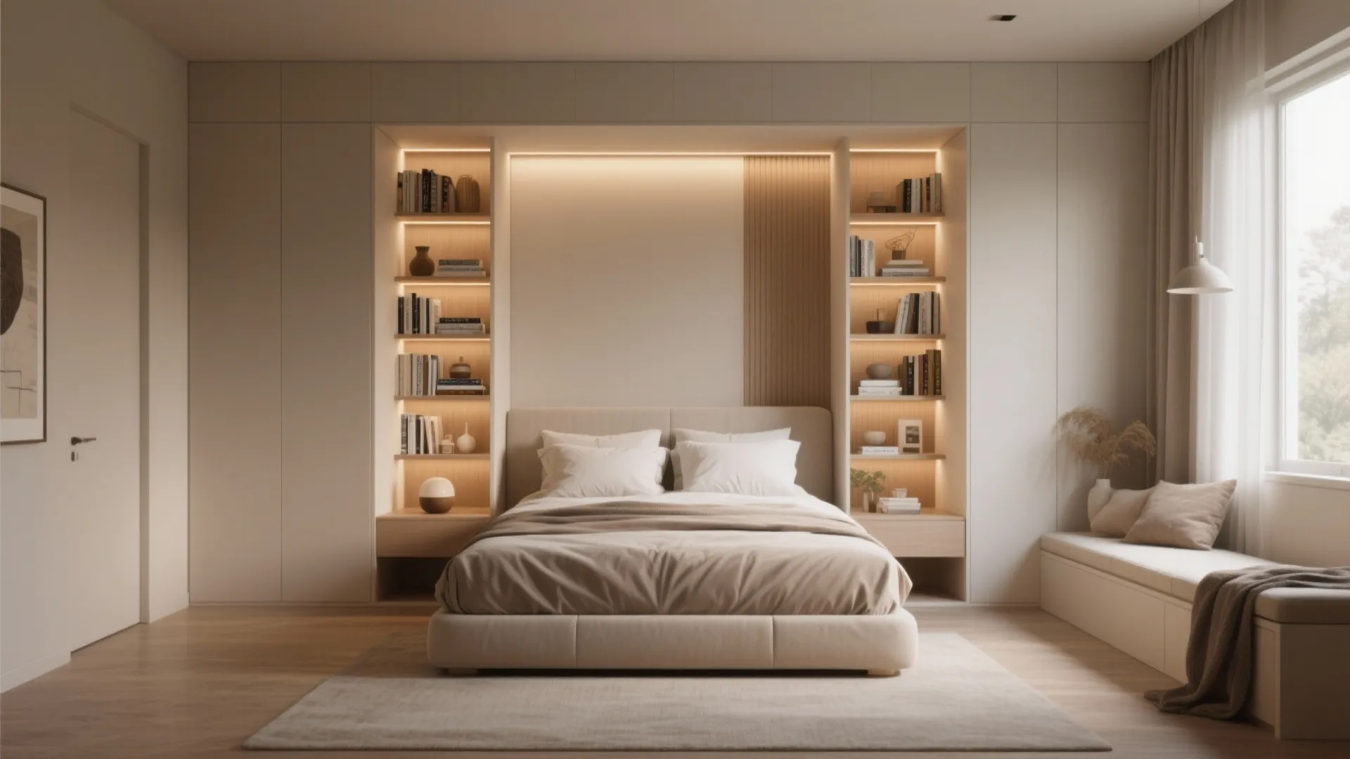 Cozy bedroom with built-in wall shelving units around the bed featuring hidden warm light strips