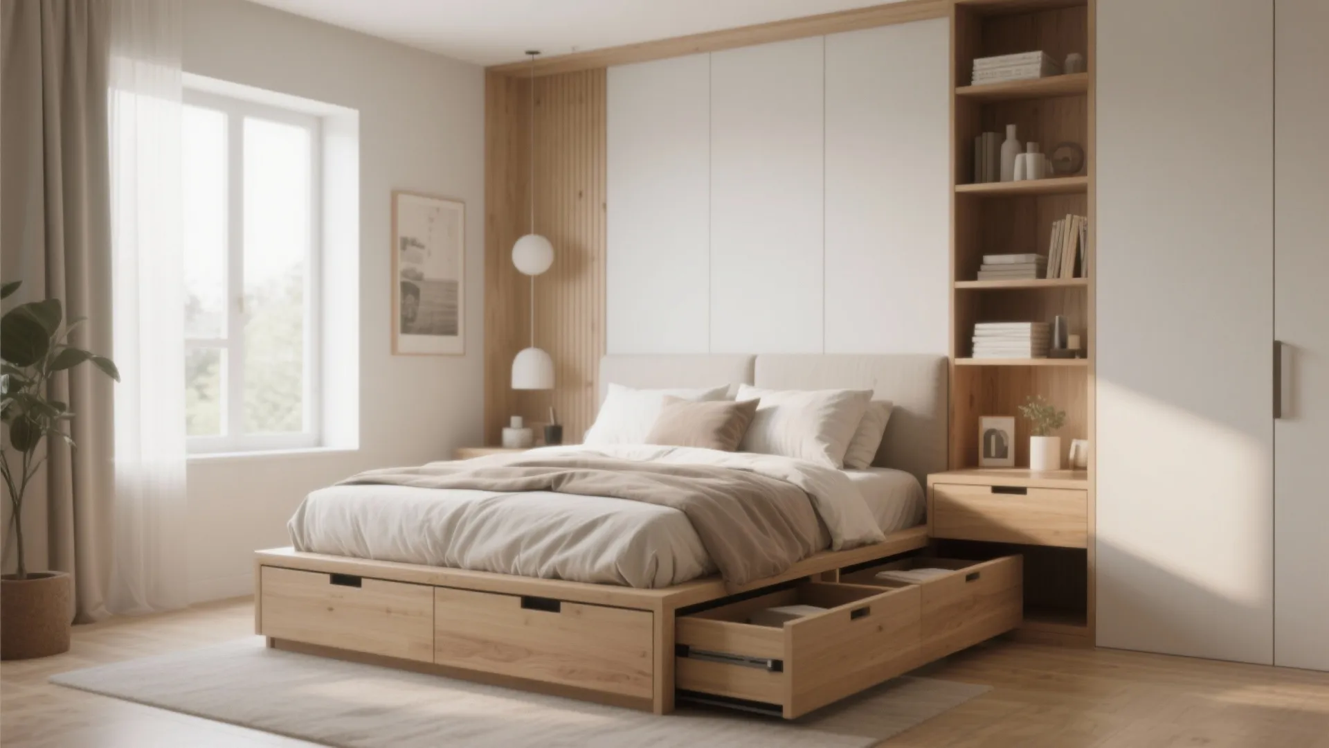 Built-in storage bed in a small bedroom with soft neutrals