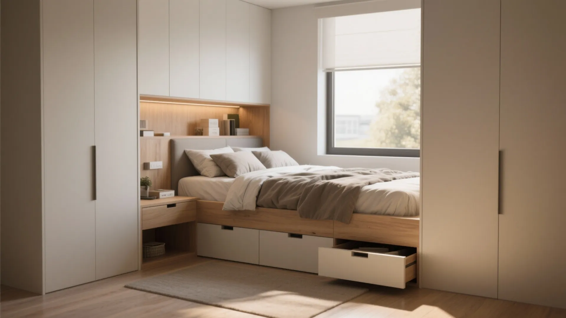 Bedroom bed with built-in storage drawers and compartments