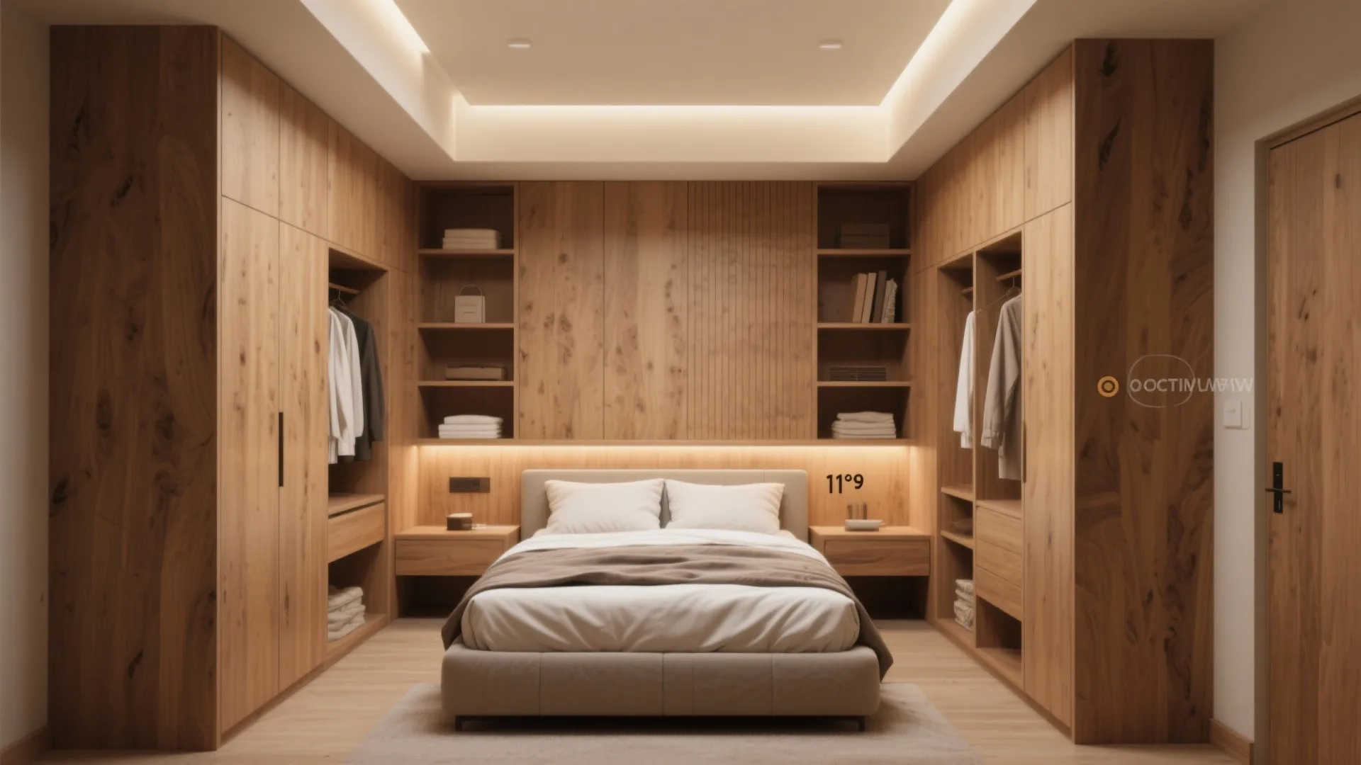 Modern bedroom featuring integrated wooden cabinets built-in storage a central bed and soft warm lighting