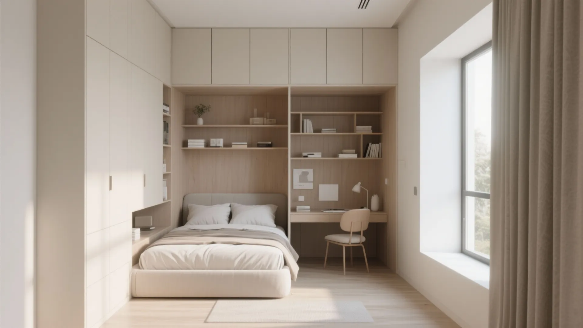 Built in bed with storage cabinets wooden bookshelves and integrated desk near a large window
