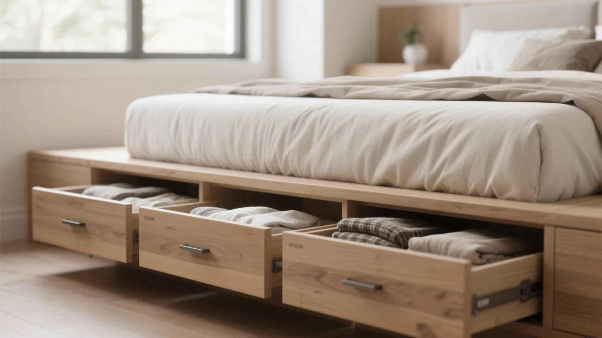 Close-up of a built-in bed with under-mattress drawers open showing organized storage.