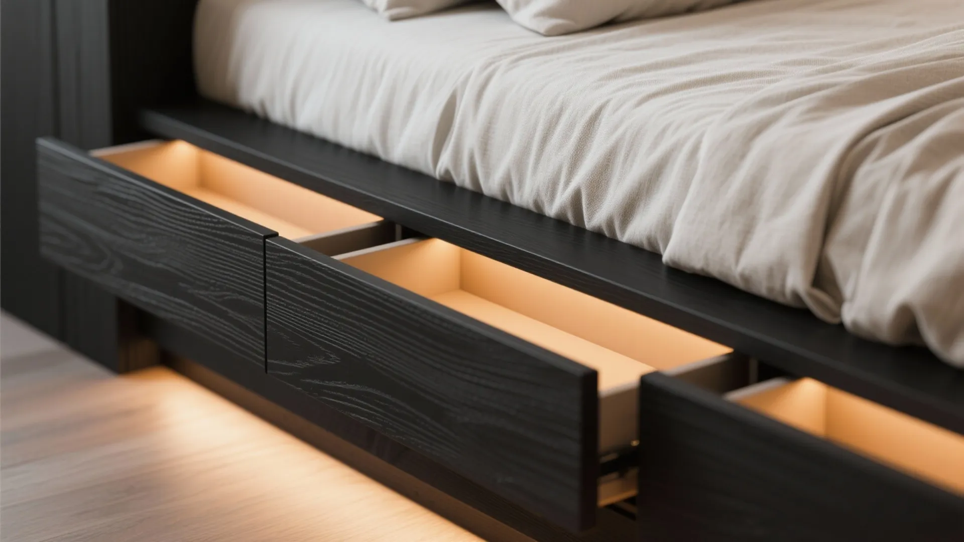1. Matte black built-in bed with hidden storage