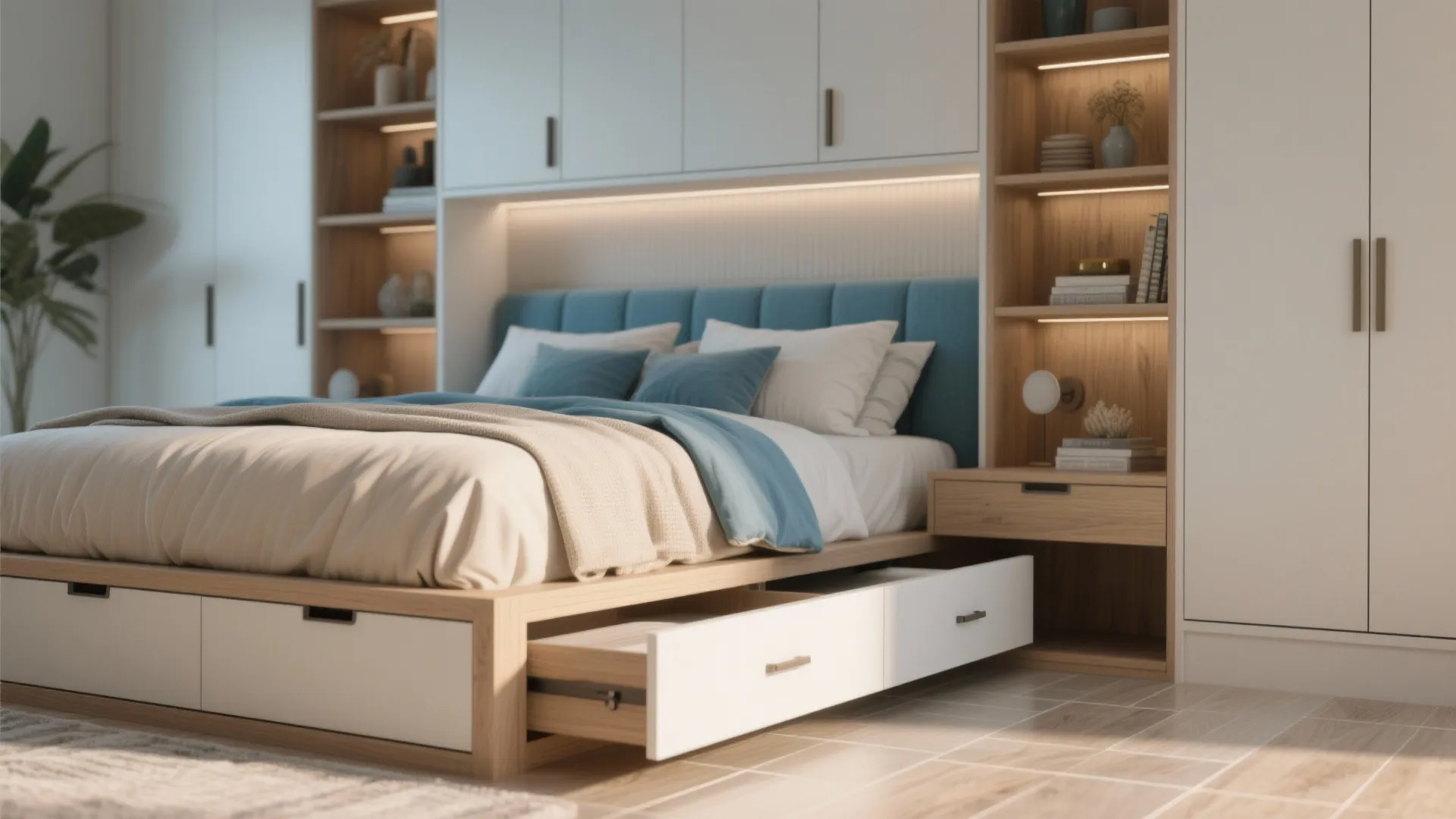 2. Built-in storage around beds
