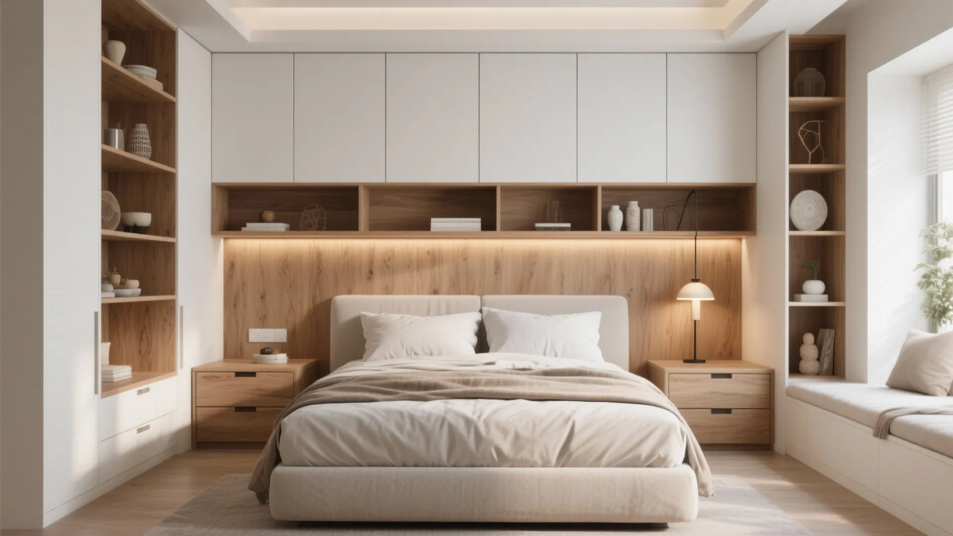 Built-in cabinets and drawers surrounding a queen bed, maximizing storage and floor space