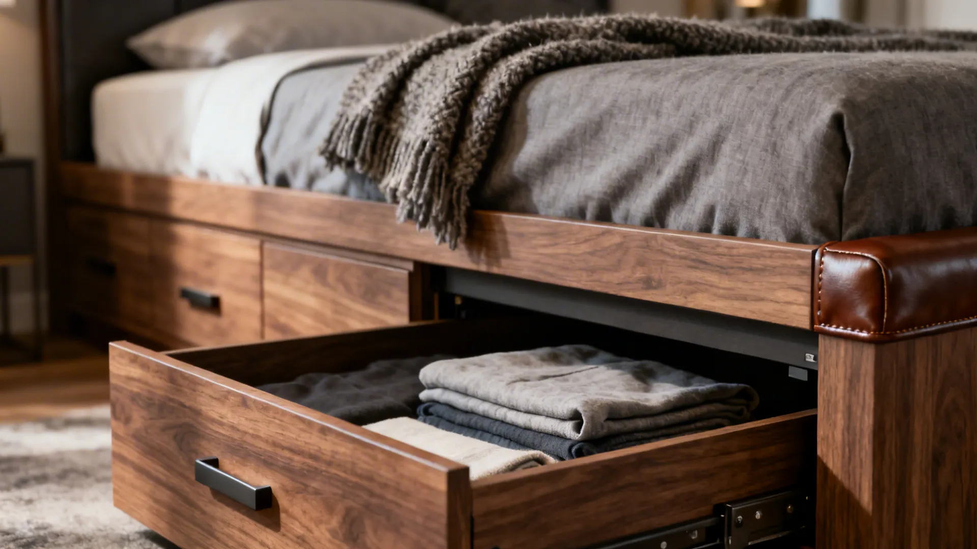 Wooden bed frame with open storage drawers containing folded clothes and a soft grey blanket
