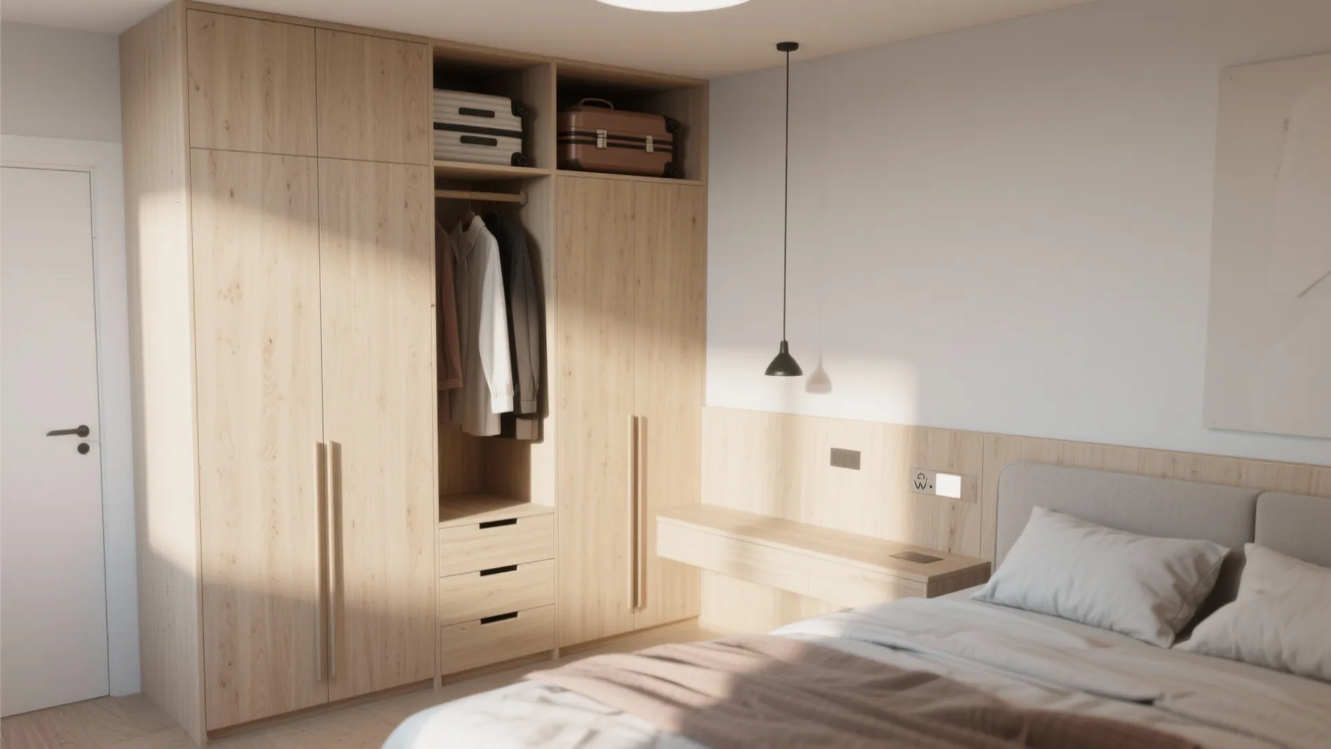 Corner wardrobe with built-in drawers and upper storage