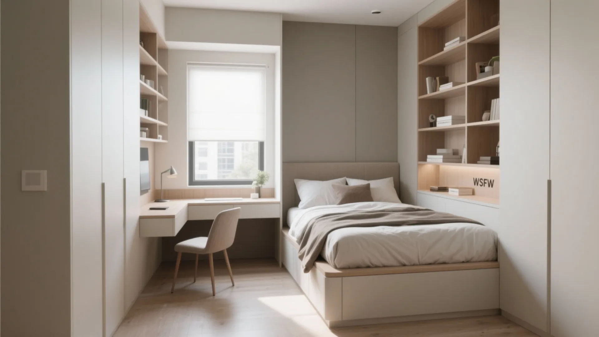 Modern small bedroom with built in storage bed white wardrobes desk chair bookshelves and neutral decor