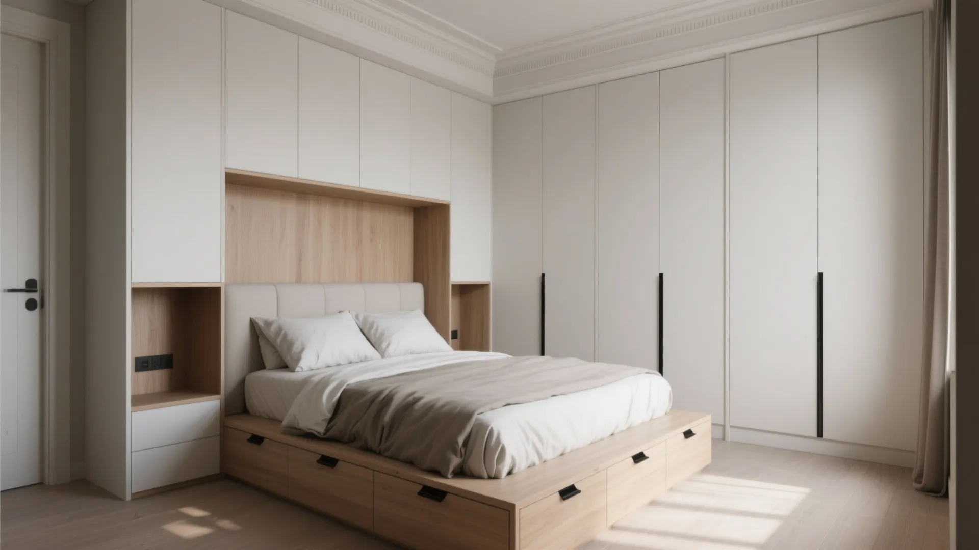 Small bedroom with integrated headboard niches, platform drawers, and a shallow sliding-door wardrobe aligned to the ceiling.