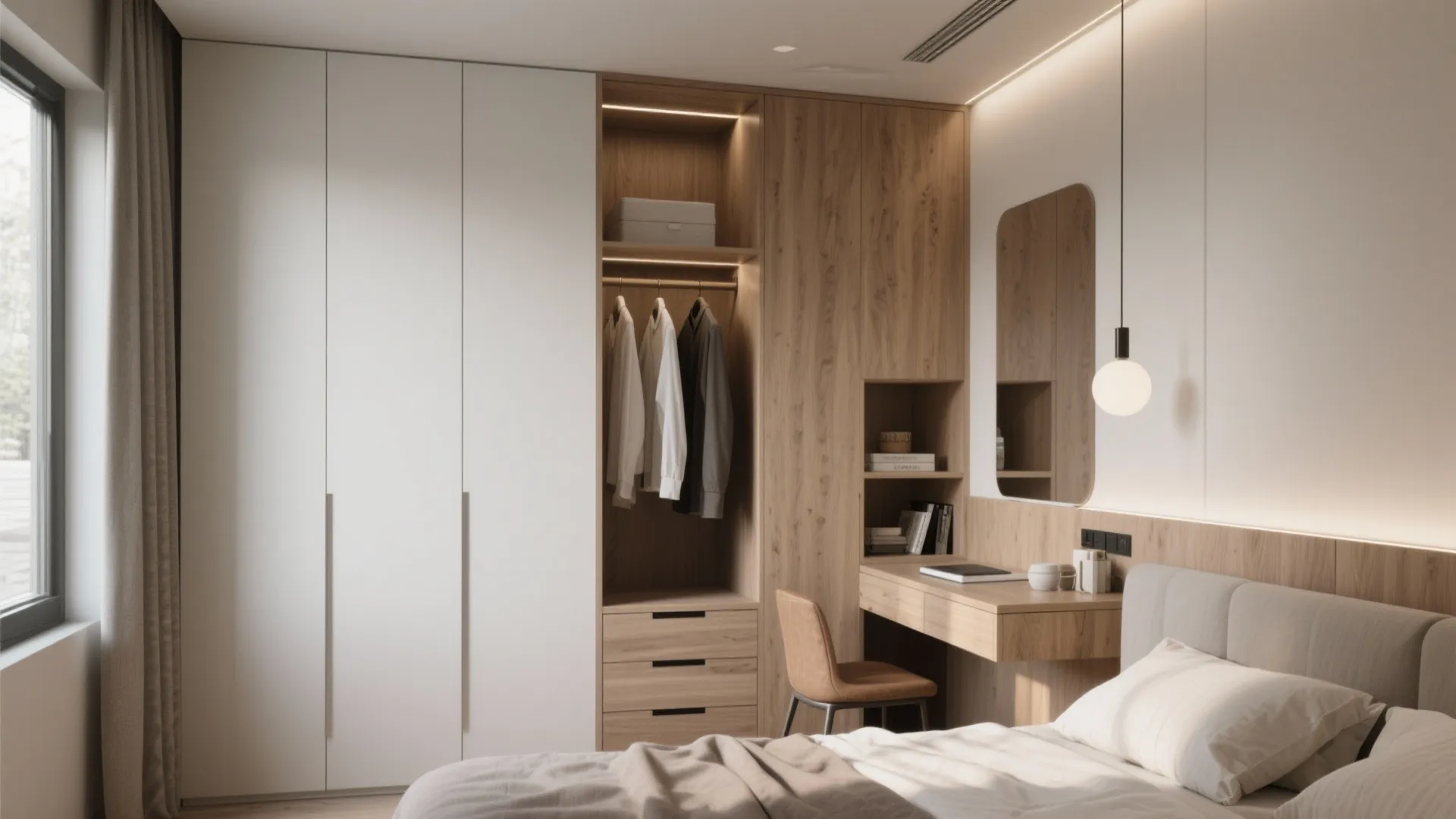 Compact bedroom with built-in wardrobe and integrated desk demonstrating space-efficient design.
