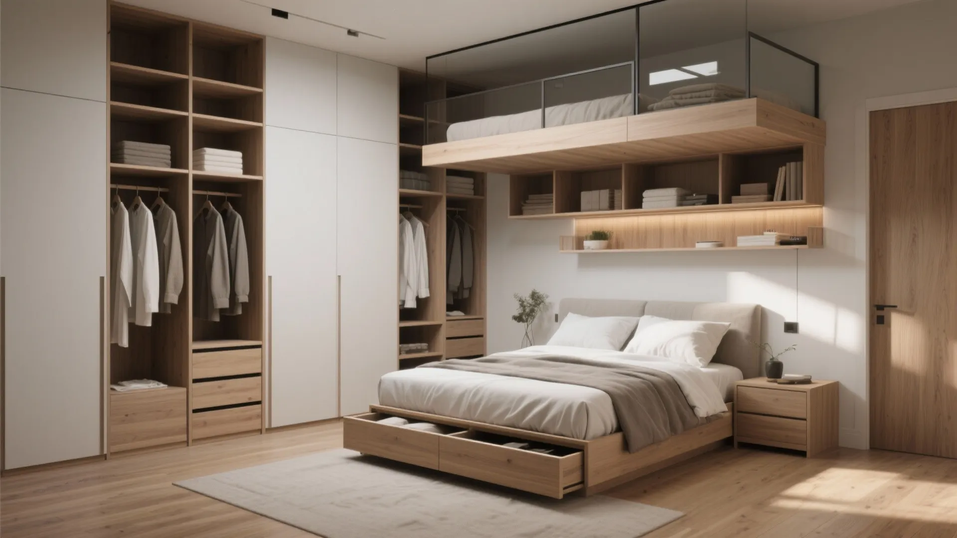 Modern bedroom with wooden bed integrated storage cabinets shelves loft bed area and warm interior lighting