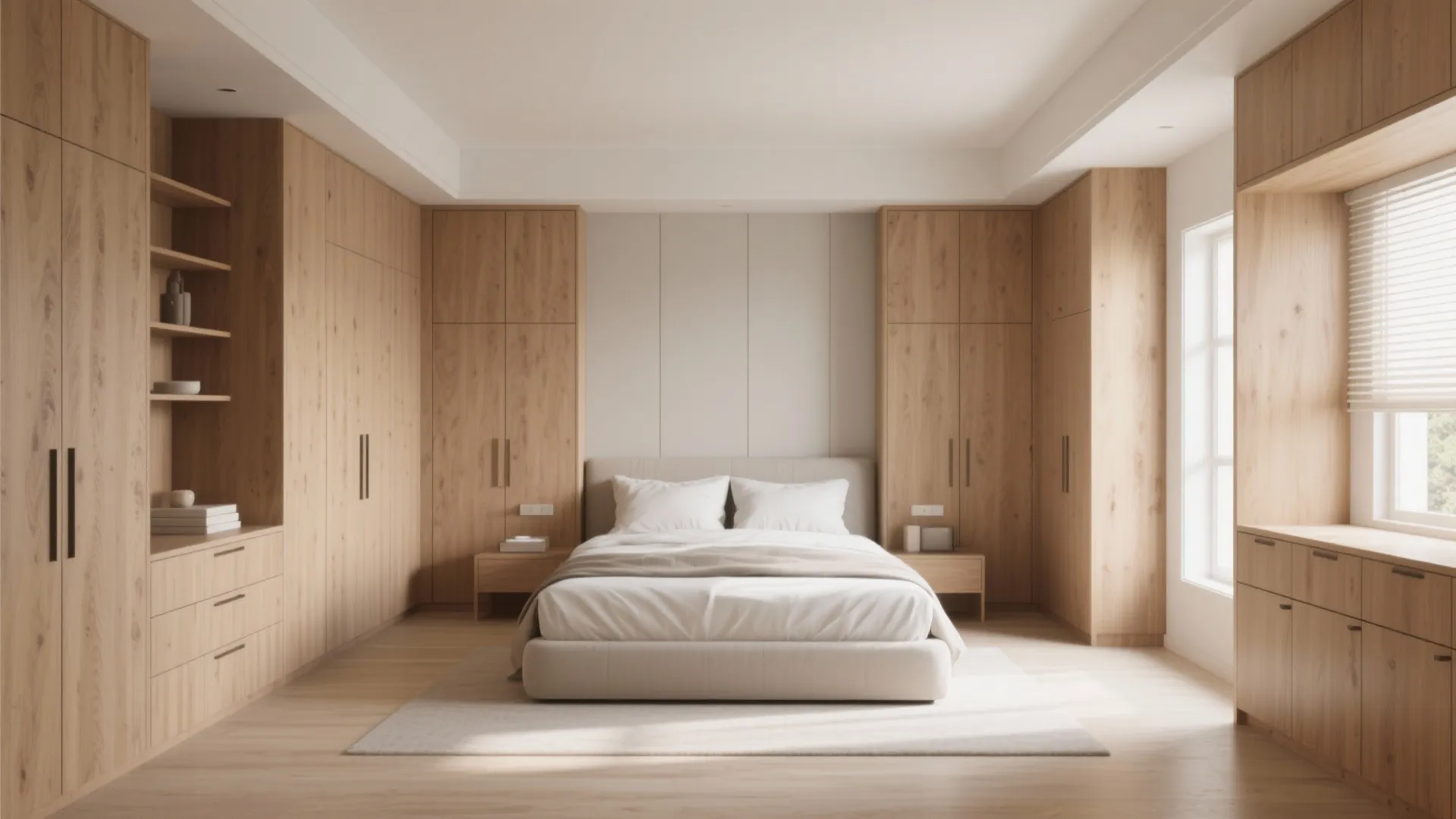 Modern bedroom featuring built-in wooden cabinets surrounding a bed with white bedding and natural light